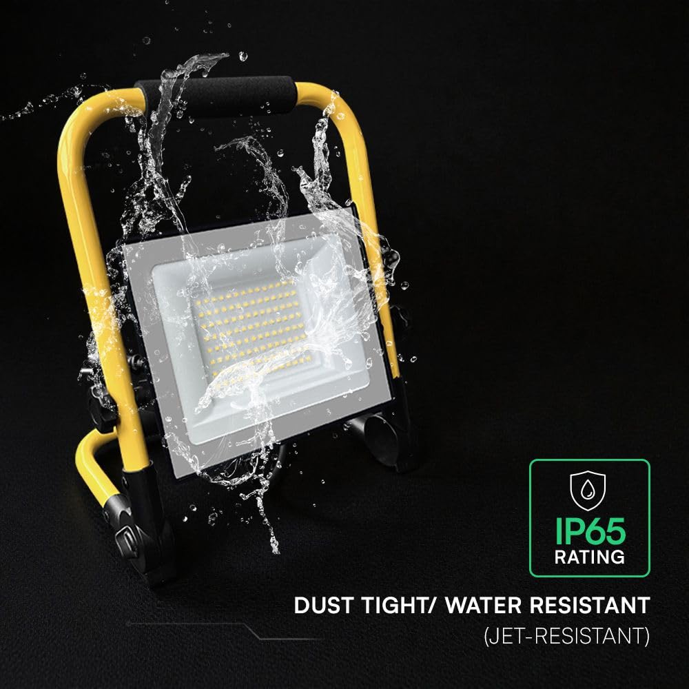 V-TAC Faretto LED da Cantiere 50W - [ CHIP CREE LED - ALTE PERFORMANCE ] - 4270 Lumen - Impermeabile IP65 - Faro Led da Esterno per Lavori e Garage - Cavo 3M - Staffa Piehevole - Luce Naturale 4000K