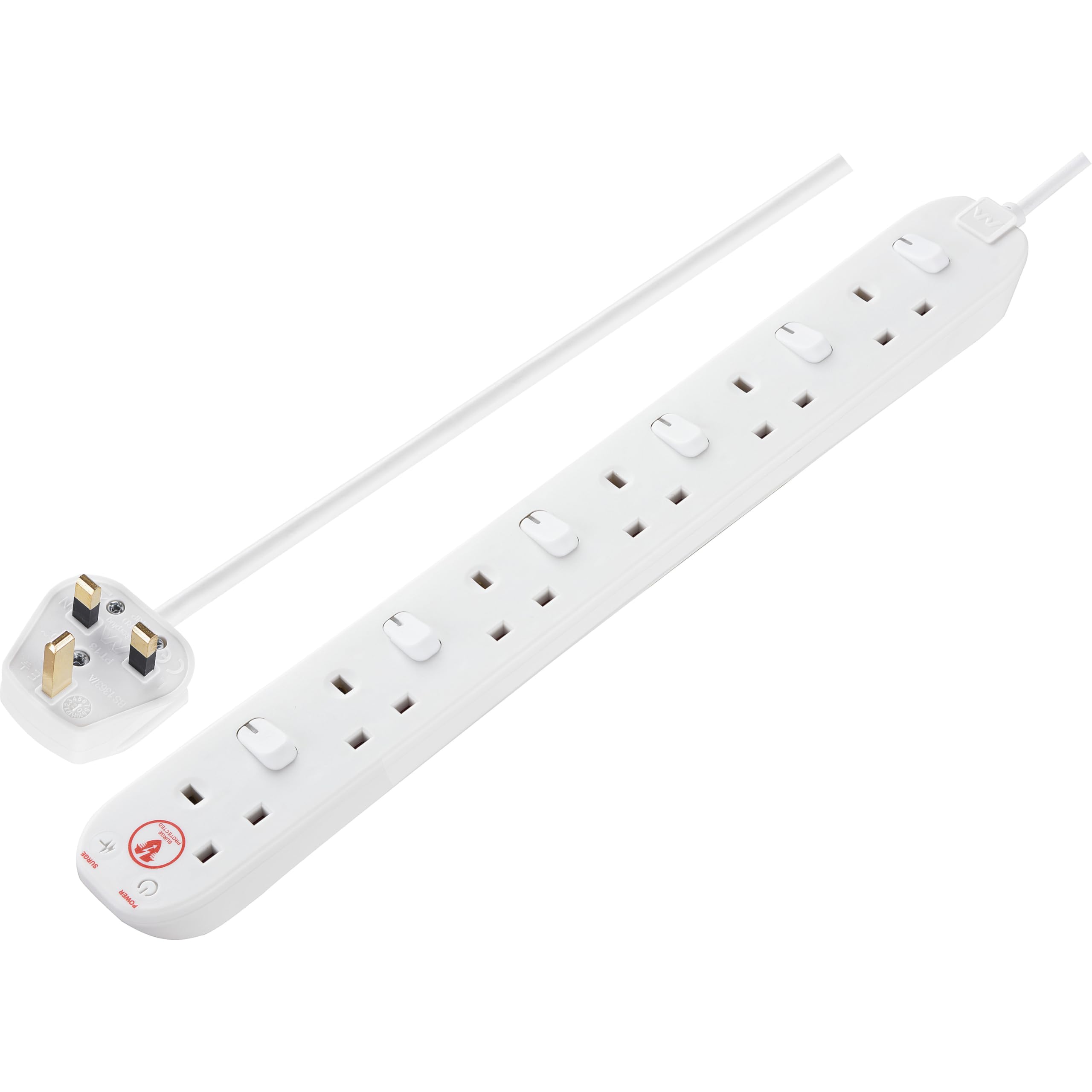 Masterplug Six Socket Extension Lead, 2 Metre Cable, Surge Protection, Individual Switches, Power and Surge LED Indicators, 6-Way Plug Extension Cable, Power Strip, White, 13A, 6G, 2m, SWSRG6210N