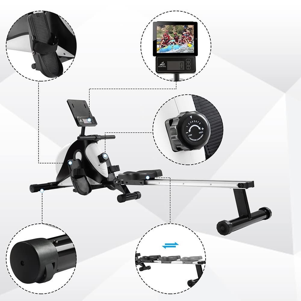 Vogatore Domestico Regolabile per La Casa,Vogatore Magnetico,8 Livelli di Resistenza,con Monitor LCD Silent Rower,Doppi Scivoli in Alluminio,Fino A 110Kg,Fitness Attrezzi Casa.