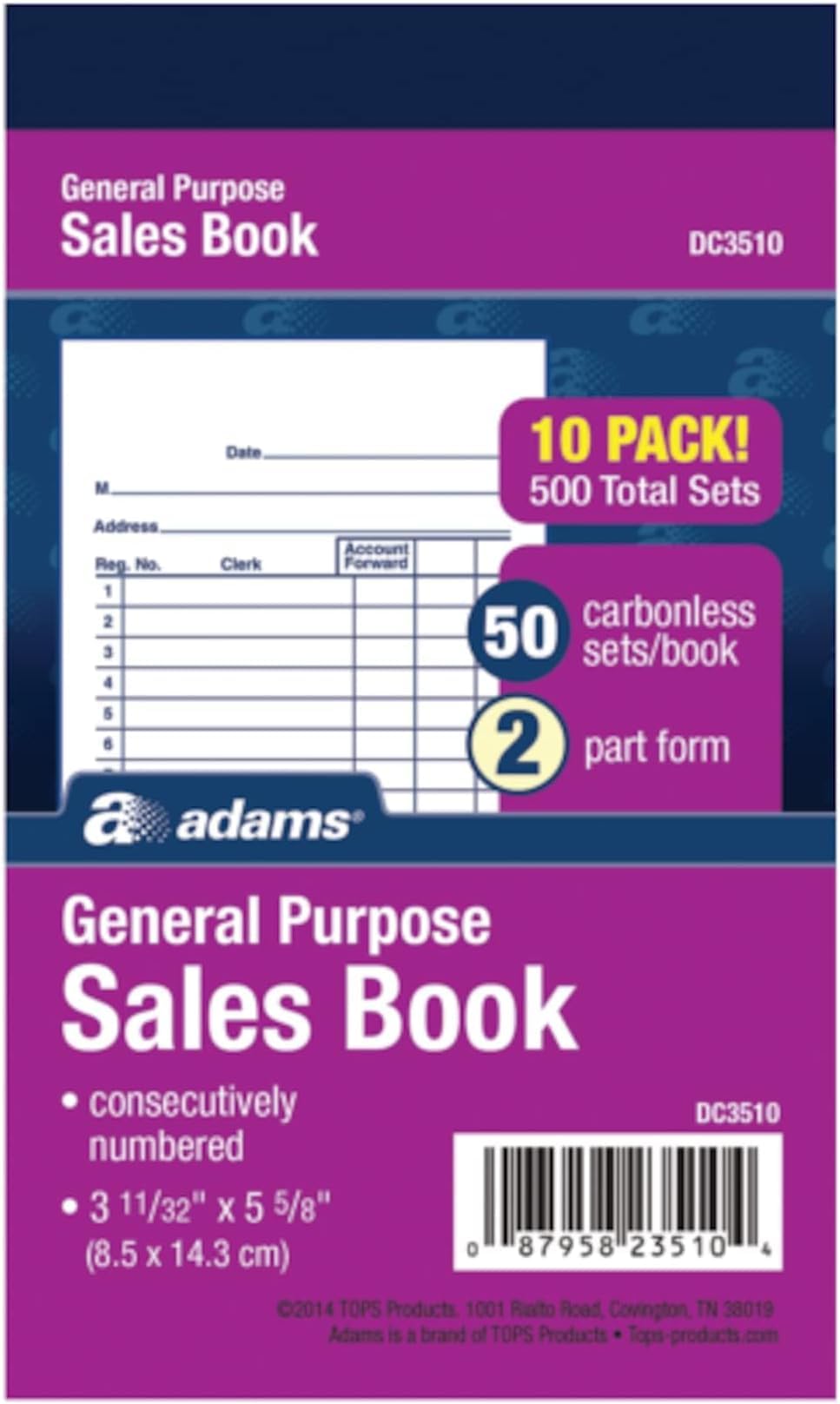 Adams General Purpose Sales Book, 2-Part, Carbonless, White/Canary, 3-11/32 x 5-5/8, 50 Sets per Book, (Pack of 100)