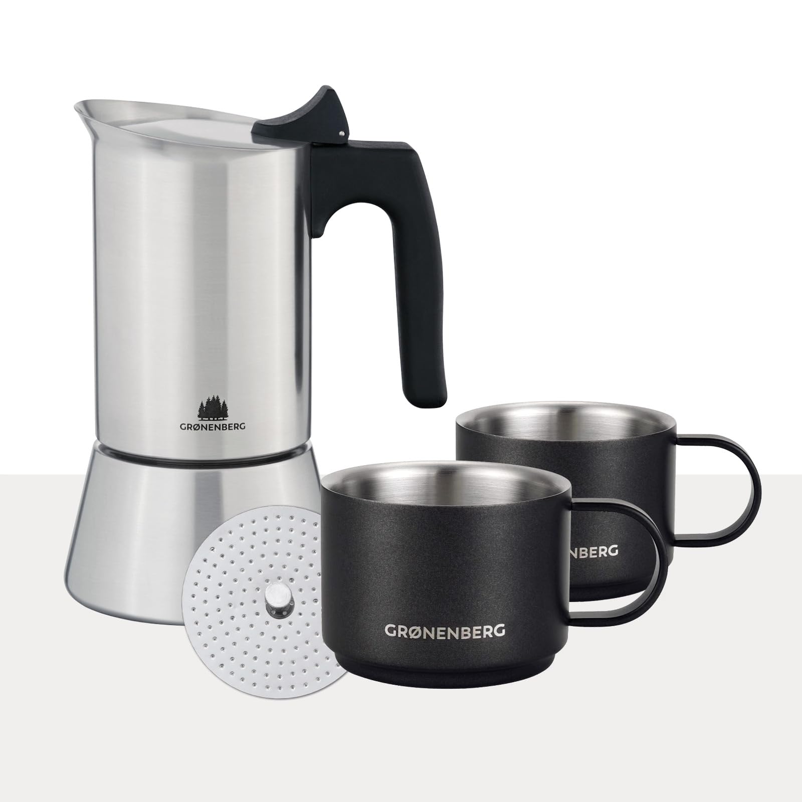 Groenenberg Spar Set 5 | Espressokocher Induktion 4 Tassen + Espressotassen aus Edelstahl | Espressokanne (200ml)