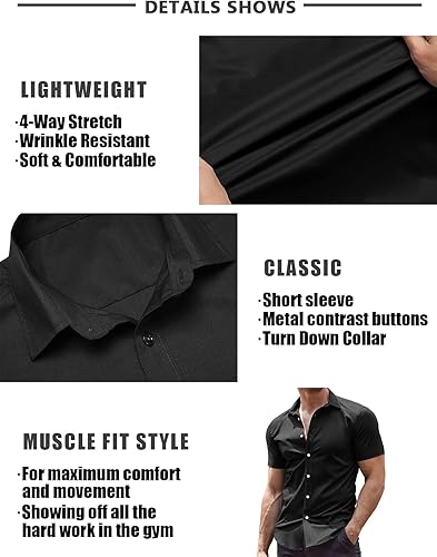 Miniatura 5 de COOFANDY - Camisas de vestir para hombre de corte muscle fit, sin arrugas, manga corta, de estilo casual, con botones
