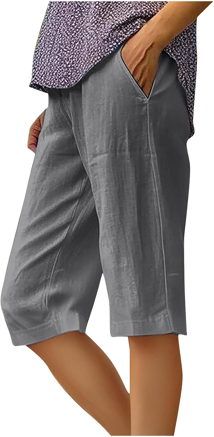 Capri Shorts Women 2026 Bermuda Pants Cotton Linen Cropped Trousers Casual Comfy Loose Fit Wide Leg with Pockets