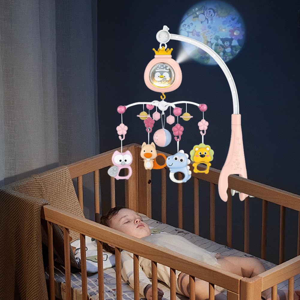 Bébé Mobile de Berceau Musical avec Projection et Lumineux, Mobile Lit Bébé Rotatif à 360°, Mobile Animaux Bébé, Jouet Hochets Rotatifs Suspendus, Boîte à Musique Télécommandée, Cadeau Nouveau-né