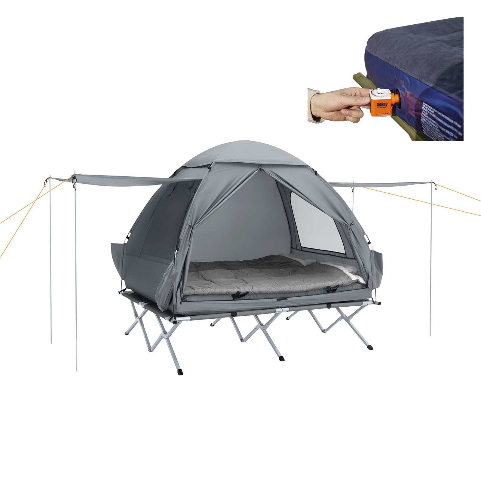 SoBuy Feldbett mit Zelt 7in1 Wurfzelt mit Luftpumpe, Rolltasche, Schlafsack, Wasserdichtes Campingbett Outdoor Campingliege Familienzelt Camping Tent