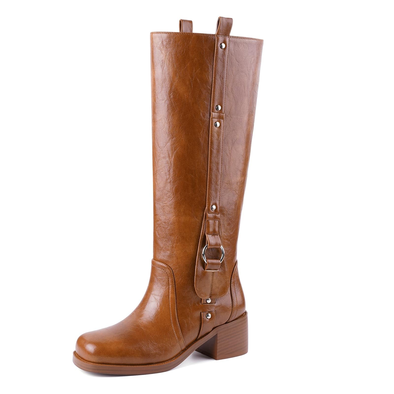 CORNMOOD Banana Womens Knee High Boots Square Toe Chunky Block Heel Riding Long Boots for Women Comfortable Low