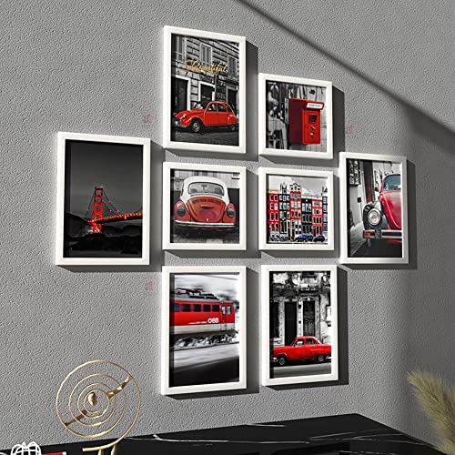 Image of PAINTINGMANTRA Framed Painting Bar Red Car and Building Set of 8 Framed Art Prints Paintings for Home Gallery, Bedroom, Living Room & Office (Size - 5-8 x 12 & 3-8 x 8 Inches)