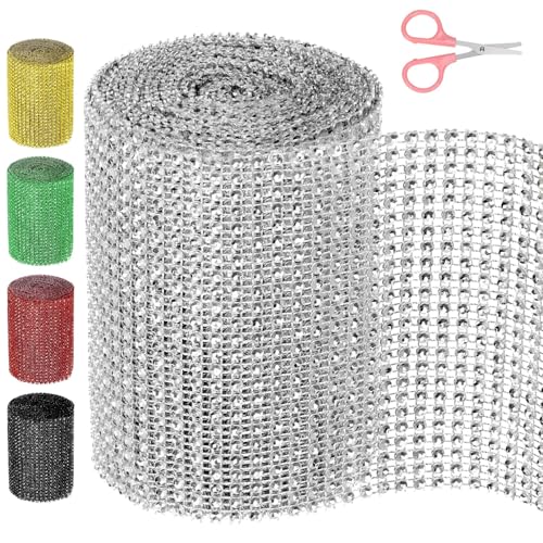 Swpeet 1 rouleau de 4,7 pouces × 4,5 Yards 24 rangées de strass argenté avec ciseaux, strass en cristal artificiel Mesh Band, brillant diamant enveloppé...