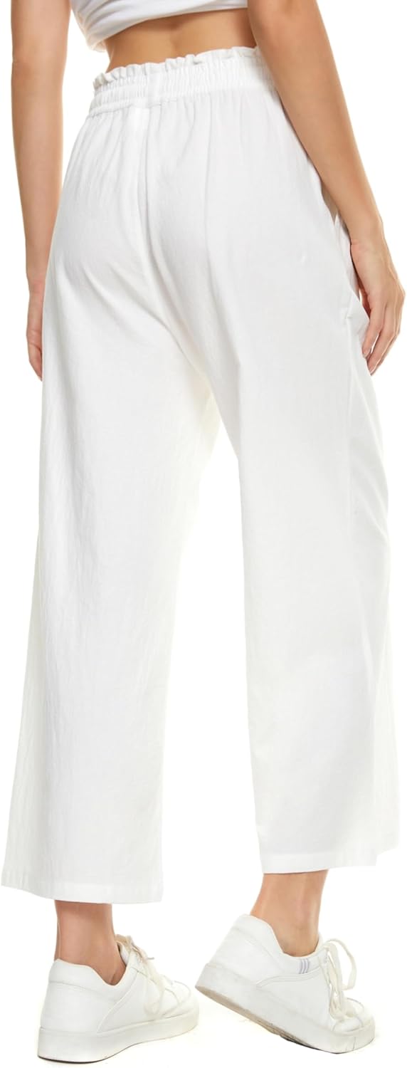 lnx womens wide leg linen pants high waisted drawstring flowy casual crop trousers with pockets medium white