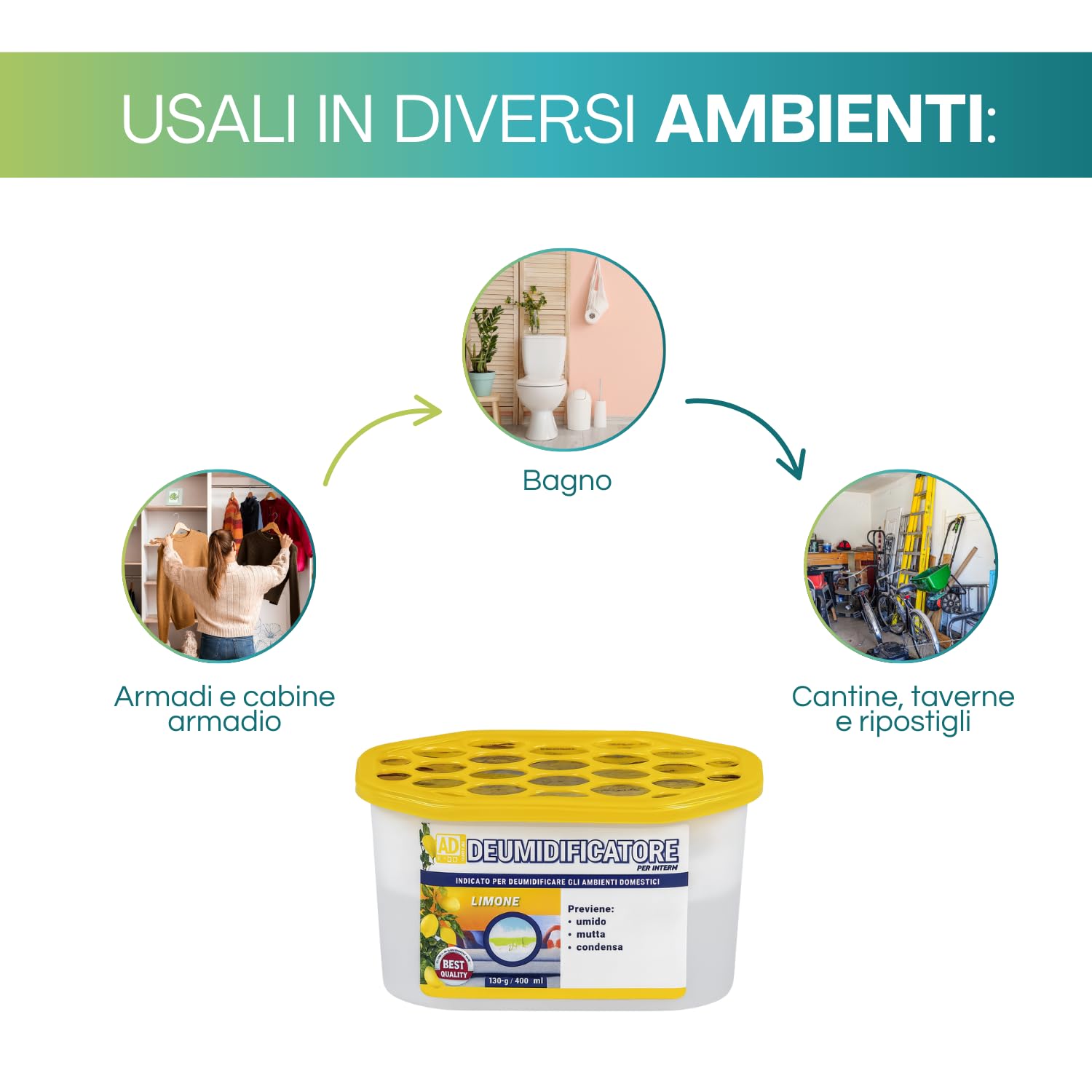 Virsus 12 Deumidificatori assorbiumidità con cristalli idrofili da 400ml, 14x7x8 cm, elimina condensa, umidità, muffa cattivi odori, Fragranze: Limone, Lavanda, Ocean -9704F