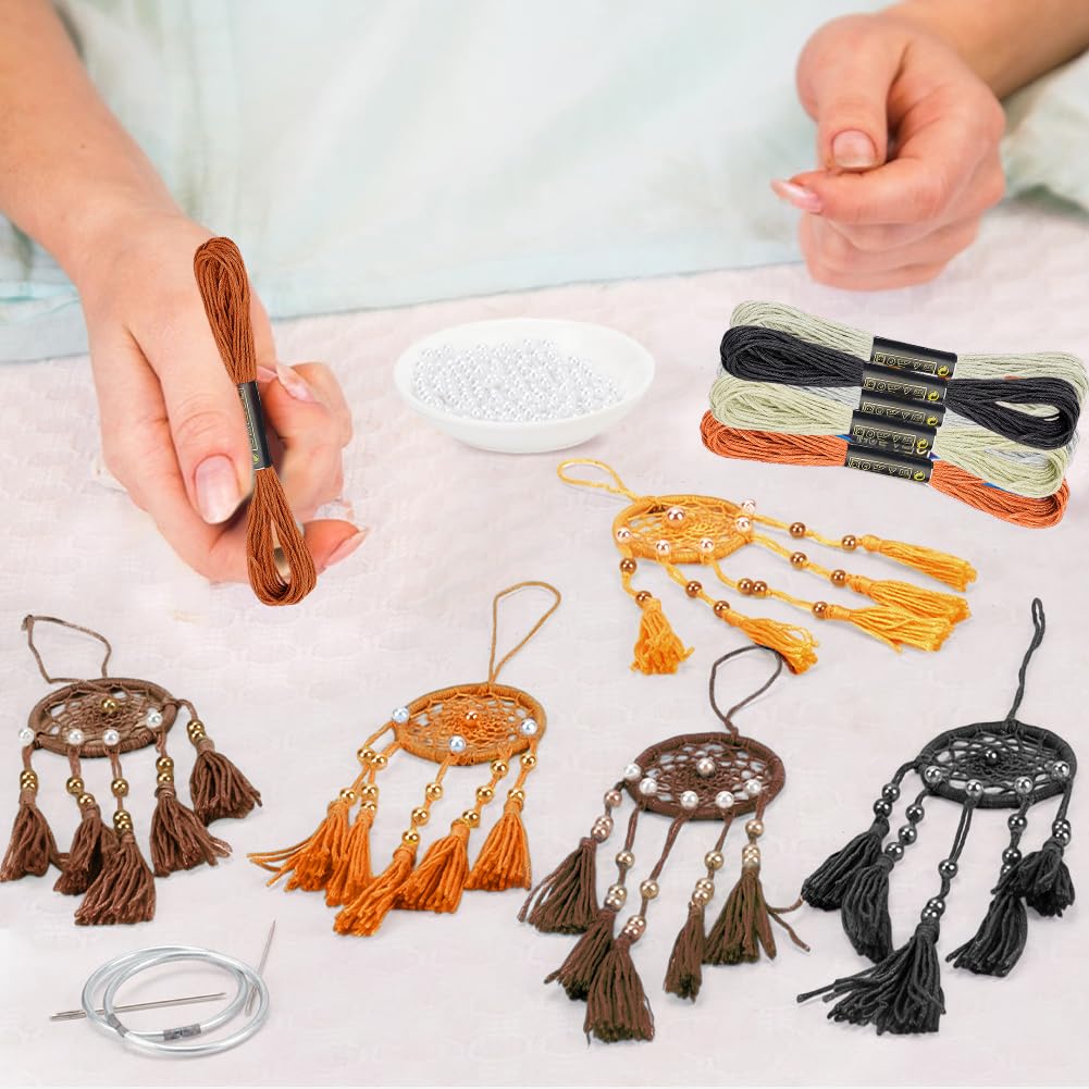 INFUNLY 24 Set DIY Small Dream Catcher Kit Neutral Colors Round Mini Dream Catcher Kit Handmade Dreamcatcher Kit with Instructions Boho Hanging Ornament Making Kit for Bedroom Car Mirror Keychain Bag - Image 4