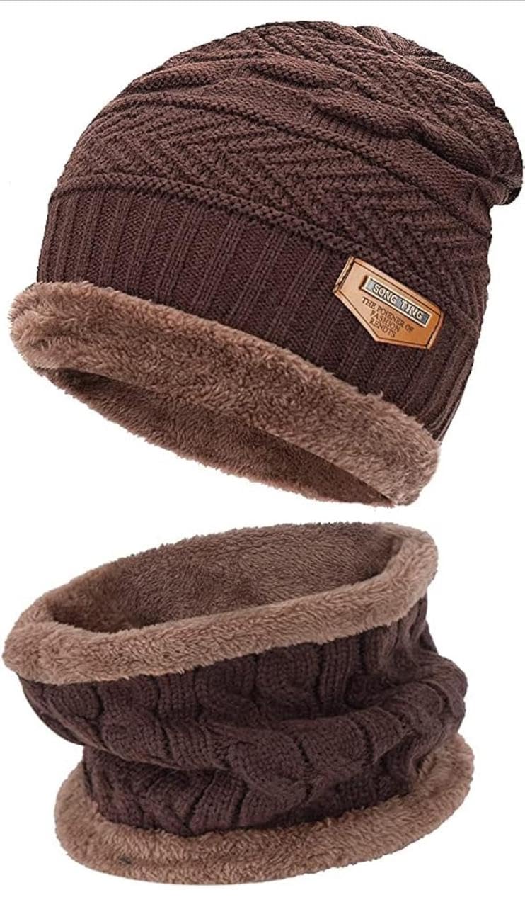 Men & Women Knitted Beanie Hat and Scarf Set, Winter Warm Soft Fleece, Black-image-23