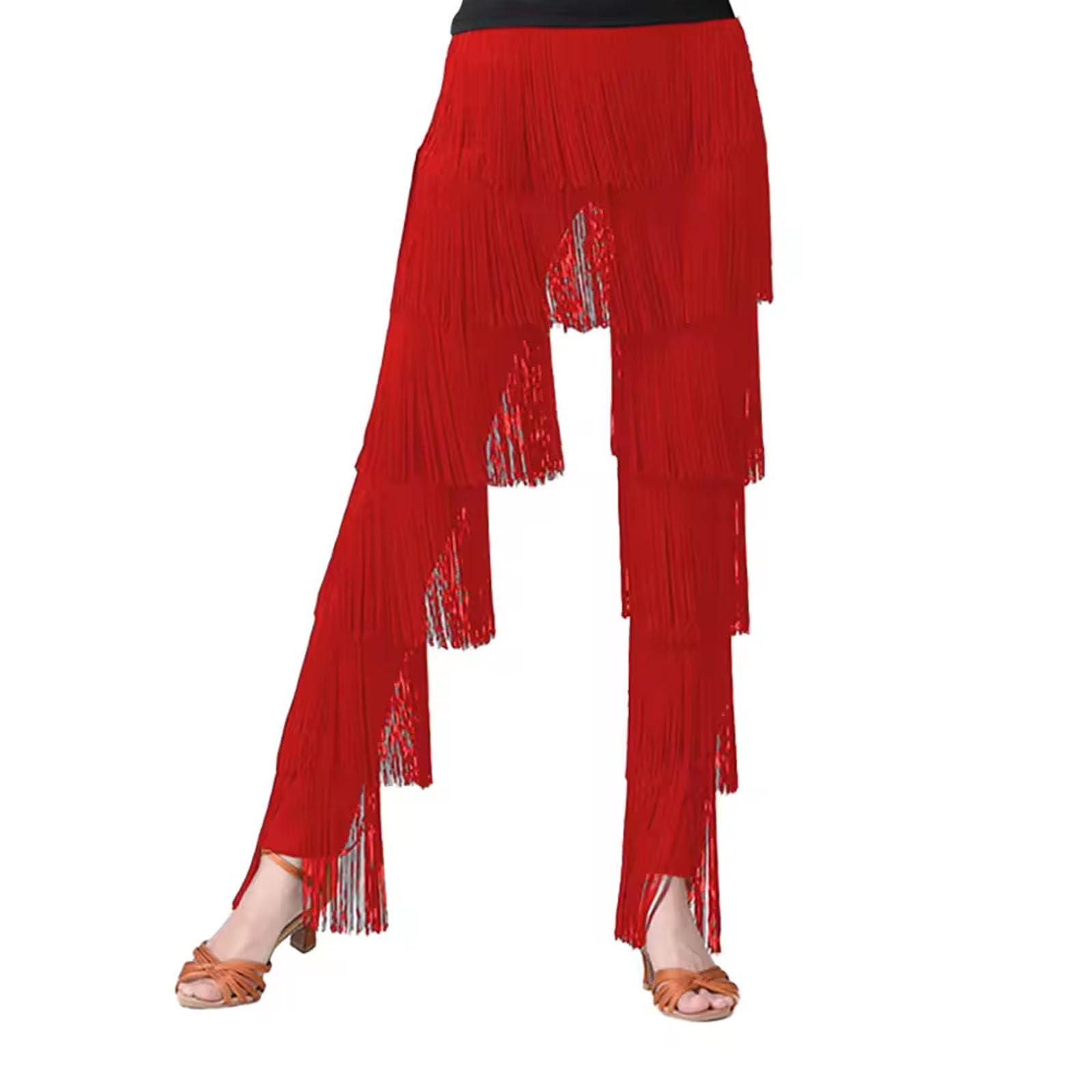 Womens Latin Dance Pants with Fringe Performance Practice Tango Salsa Cha Cha Pants Elastic Waist Trousers