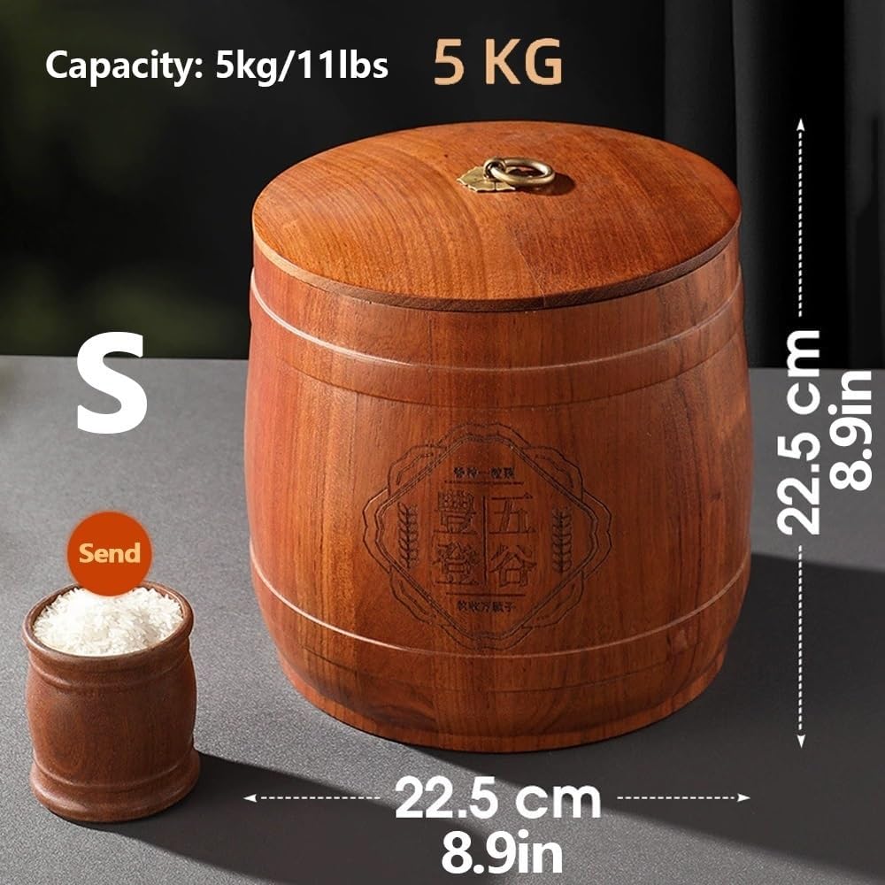 Rice Storage Container - Solid Wood Sealed Rice Jar with Lid, Food Dispenser for Storing Rice and Flour, Durable Rice Cylinder with Sealed Design