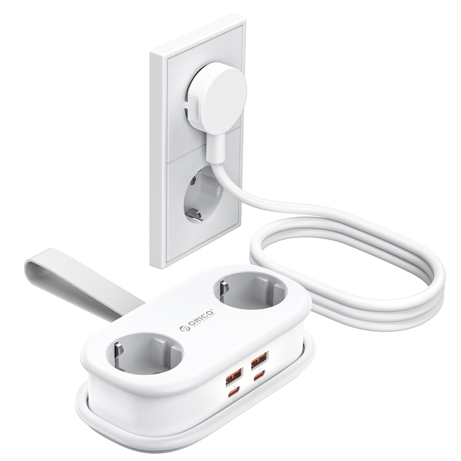 ORICO 65W GaN Presa da Viaggio Multipla con USB-C, 6-in-1 Presa Multipla per Carica Rapida con 4 USB, Prolunga Multpresa con Cavo Raccoglibile 1.6m per MacBook, iPad, Cellulare, Viaggi - AP3 Bianco | 2 prese Schuko, 2 USB-A e 2 USB-C, tecnologia GaN, 2500