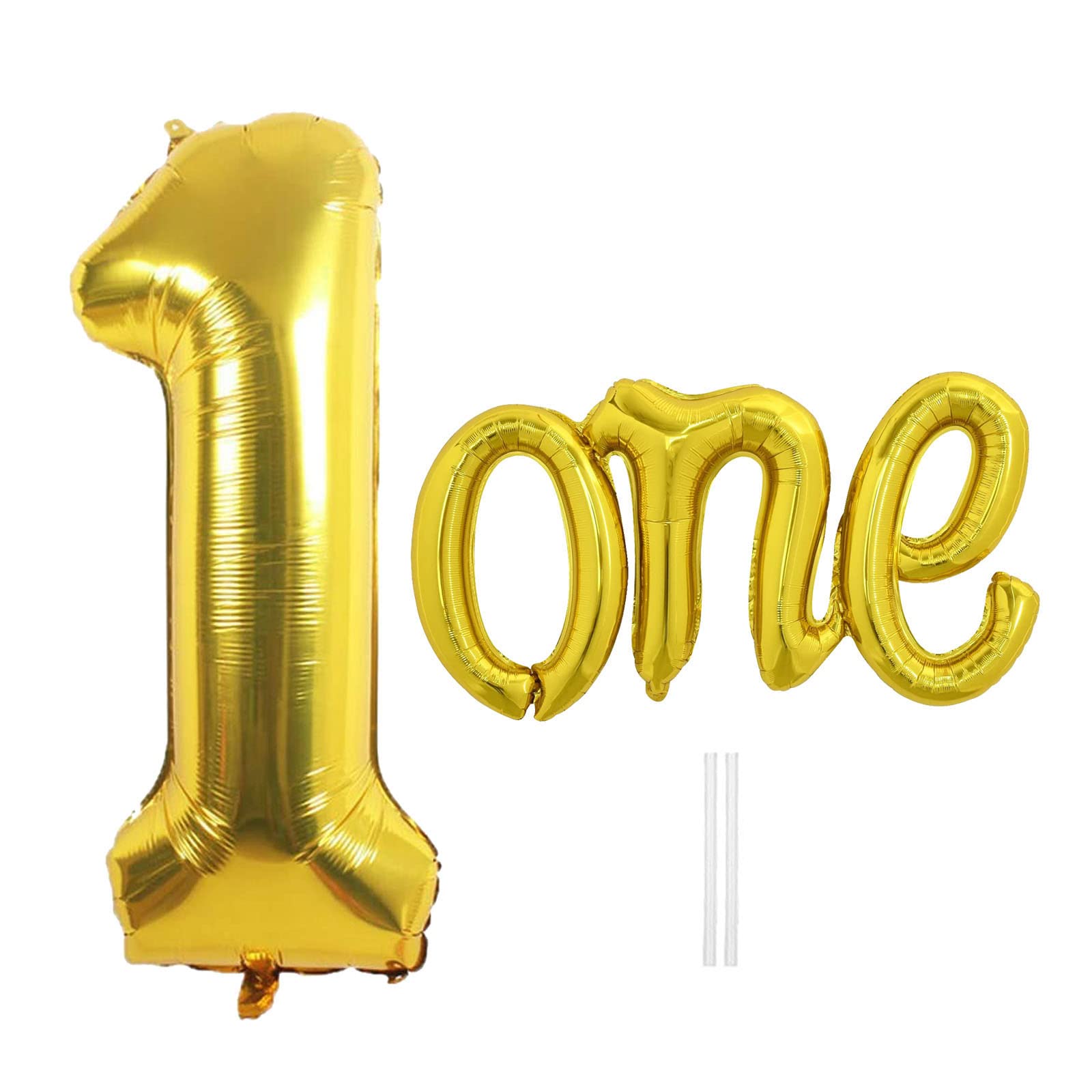 Gold Number 1 Balloon and One Balloon Banner for First Birthday, 40 Inch Big Giant Large Number One Balloons, Script Letter One Banner 20 Inch, 1st