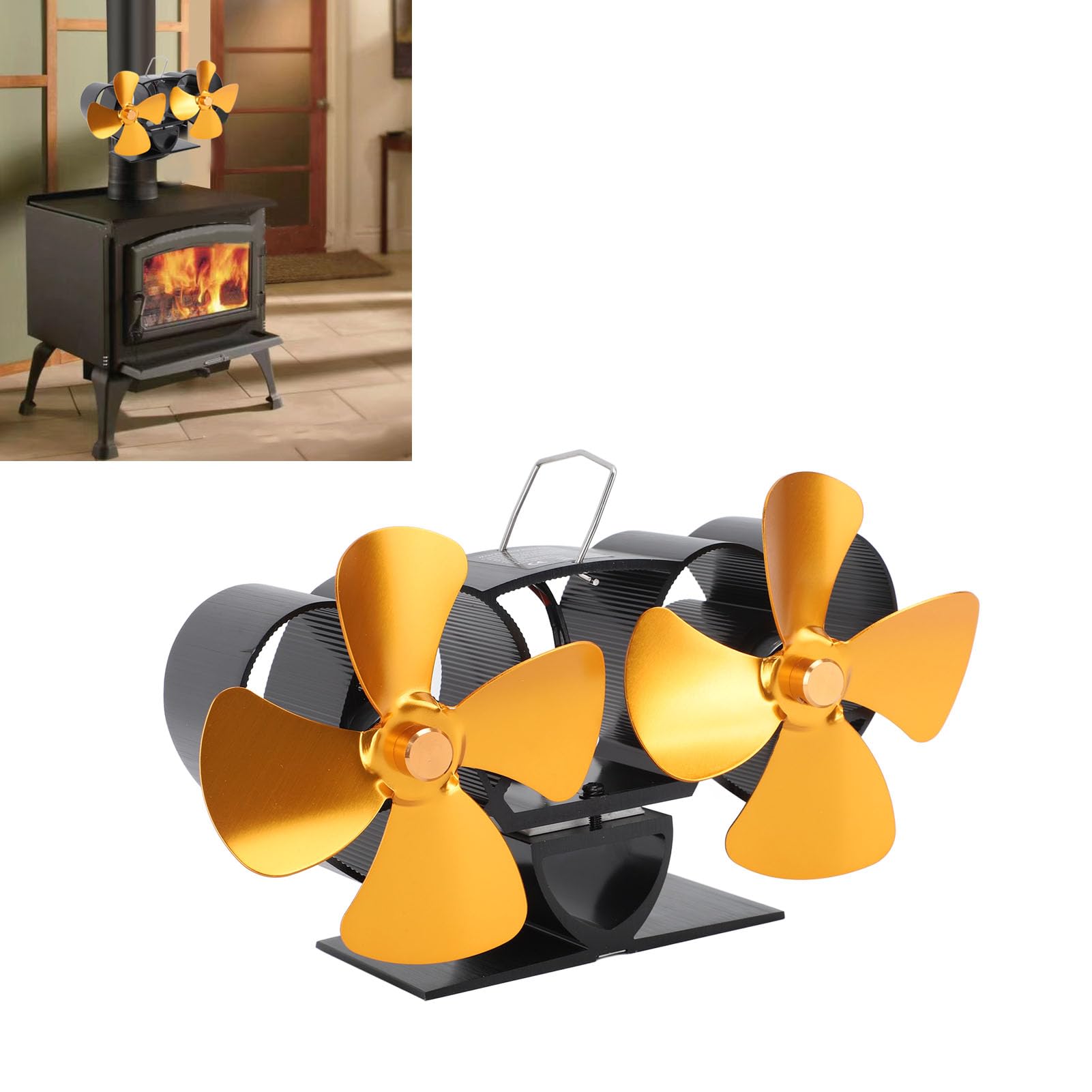 SIXRUN Ventilador de Estufa Aleación de Aluminio 4 Aspas Ventilador de Estufa de Leña Reemplazo de de Chimenea Accionado por Calor de Doble Cabezal para de Queroseno de Leña Calefacción del Hogar