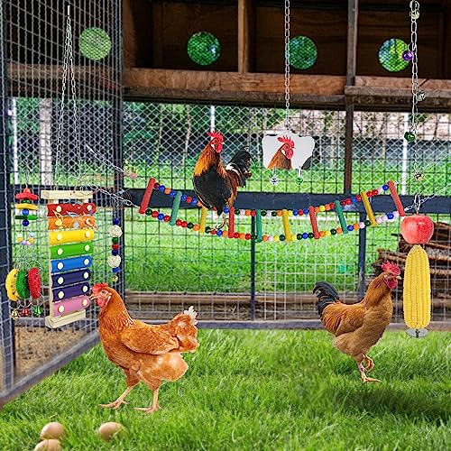 Image of 12 Pack Chicken Toys for Hens,Net Mirror Bell Xylophone String Vegetable Fruits Skewer Hanging Ladder Swings Coop Accessories for Hens Bird Parrot