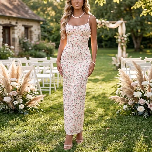 Image of Womens Summer Casual Floral Dresses Spaghetti Strap Bodycon Maxi Beach Dress Elegant Evening Party Long Dresses