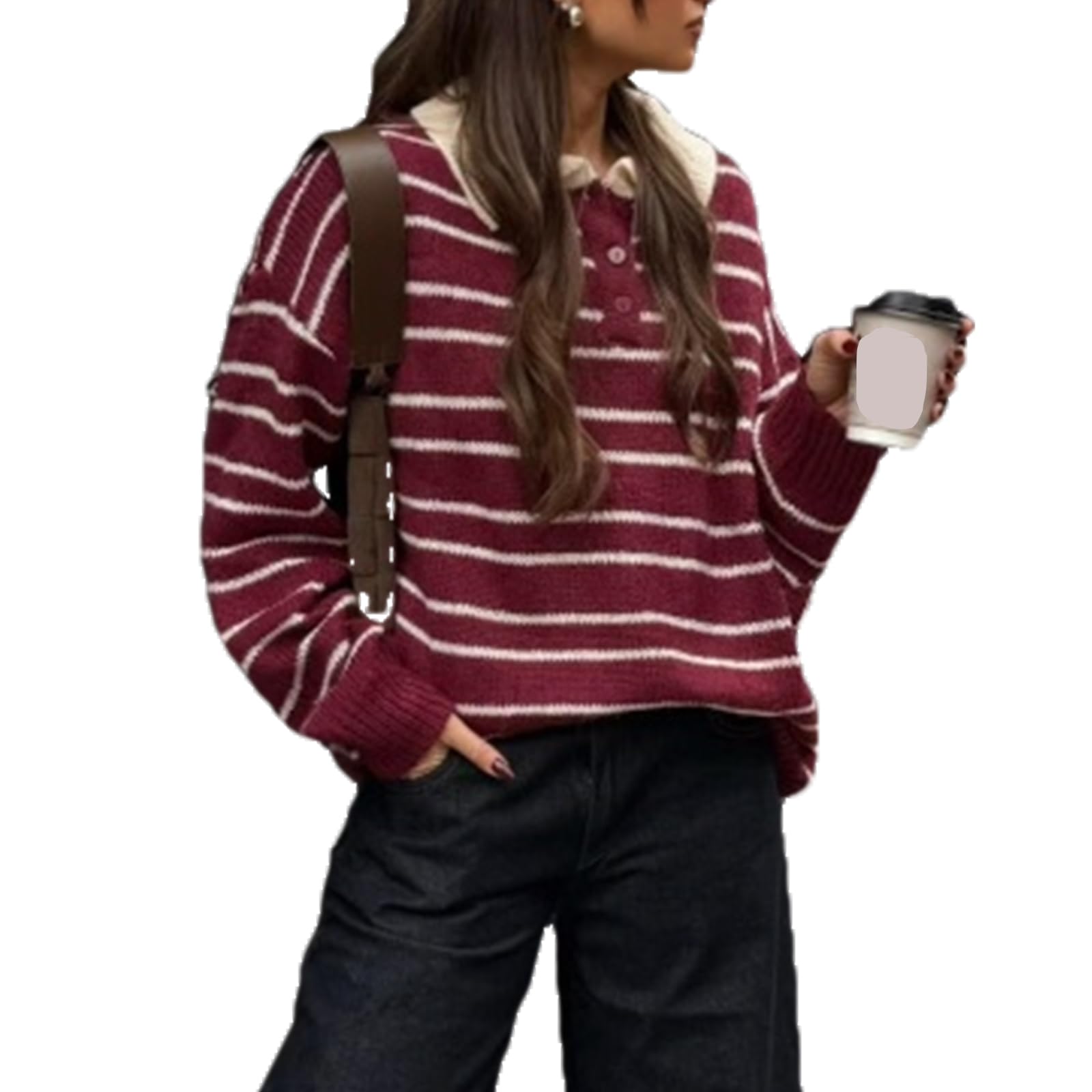 Women Polo Collar Striped Knit Sweater Vintage 90s Long Sleeve Oversized Sweaters Pullover Grunge Preppy Sweatshirt