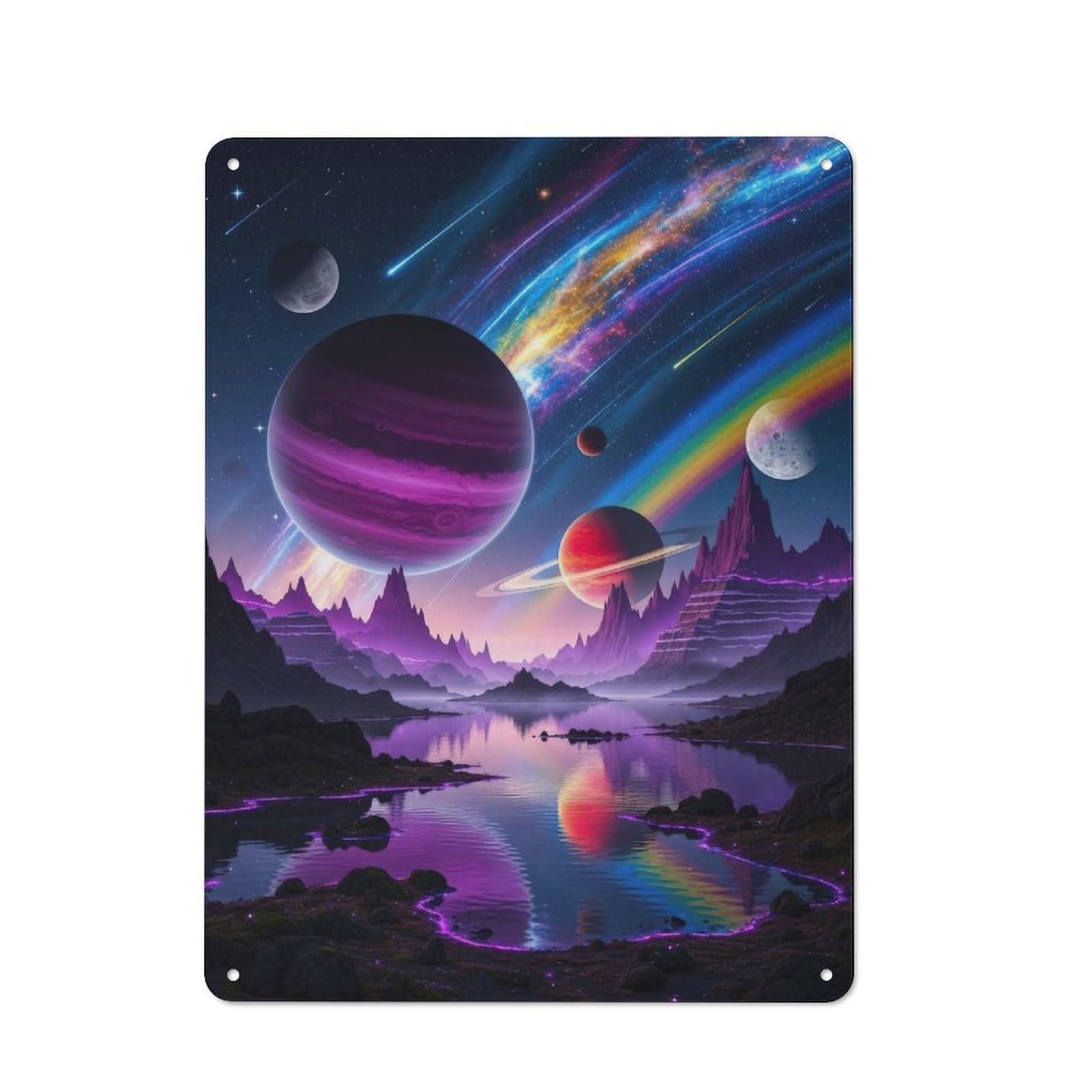 Junmoney Style-22 Vintage Tin Sign 40X30cm With Colorful Alien Landscape With Planets For Bar Or Restaurant, Suited To Bar Decor Enthusiasts