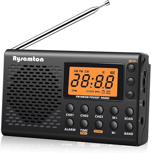 Radio portátil AMFMonda corta, radios de bolsillo con pilas, pantalla digital grande, radio reloj con alarma y función de sueño, auriculares