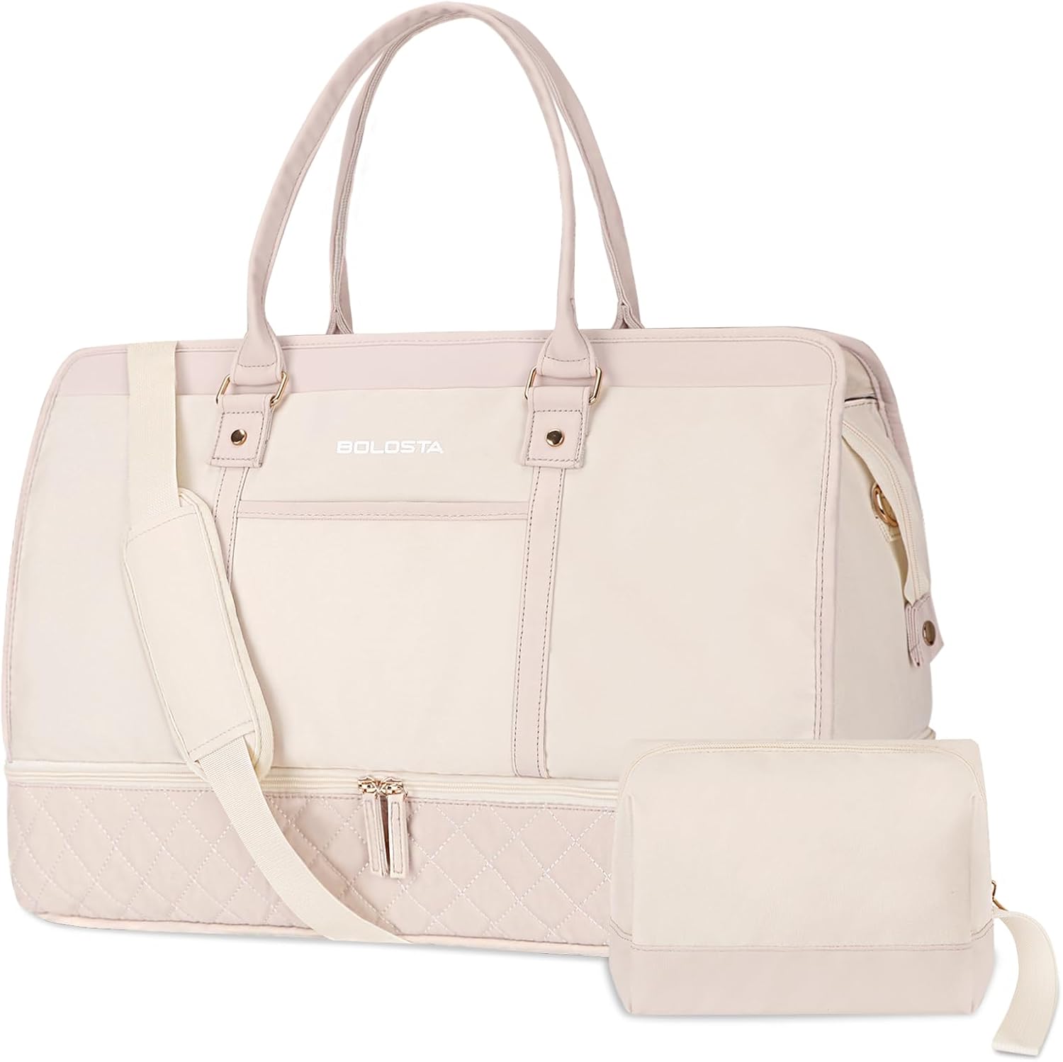 BOLOSTA Large Weekender Bags for Women with Shoe Compartment & Wet Pocket, Carry on Overnight Bags with Toiletry Bag, Personal Item Travel Duffle Tote Bag for Travel, Gym, Business, Beige