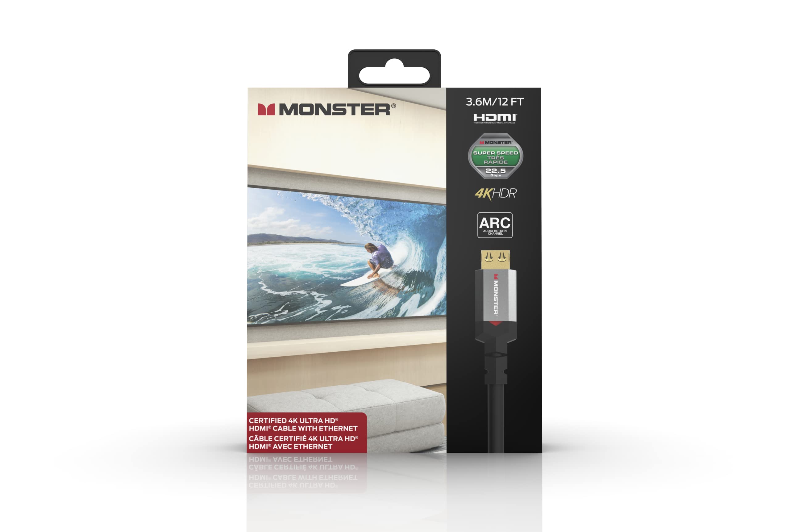 MONSTER - Câble HDMI - Résolution 4K - Vidéo HDR - Audio Return Channel - 22,5 GBPS - Vitesse Éclair - Triple Blindage - Homologué UL et CL3-3,6 Mètres - Noir