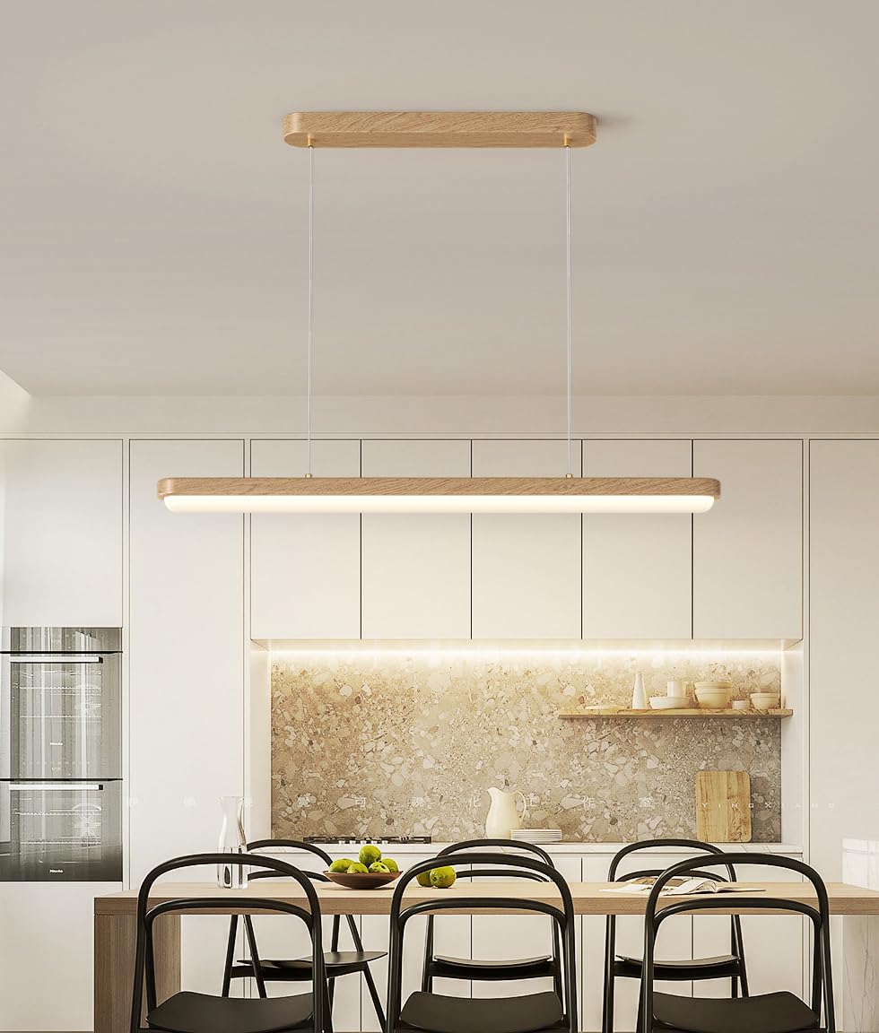 Suspension Bois LED Dimmable Îlot de Cuisine Lustre Linéaire de Salle à Manger avec Télécommande pour Table à Manger Cuisine Bureau Bar Boutique Lampe Suspendue Moderne Réglable En Hauteur (100cm)