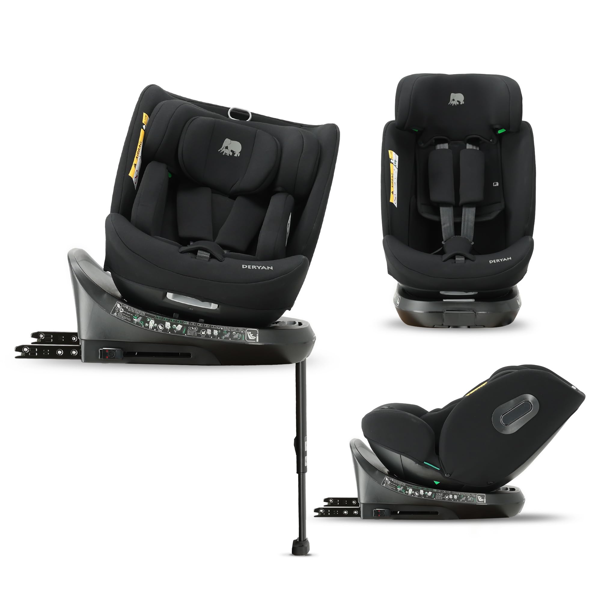 Deryan Carly Silla de coche 360° i-Size - Giratoria 360 grados, silla de coche 0-36 kg, 0-12 años, ISOFIX, silla reclinable en 8 posiciones e reposacabezas en 12 posiciones (Negro)