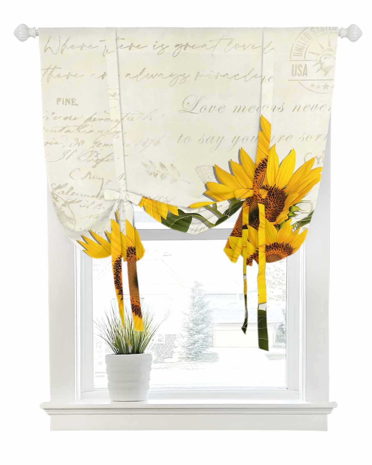 Tie Up Curtains for Windows Summer Farm Sunflower Rod Pocket Tie-Up Window Shade Adjustable Balloon Curtain Valance Country Floral on Letter for Bedroom Kitchen Bathroom Blinds,42x45in