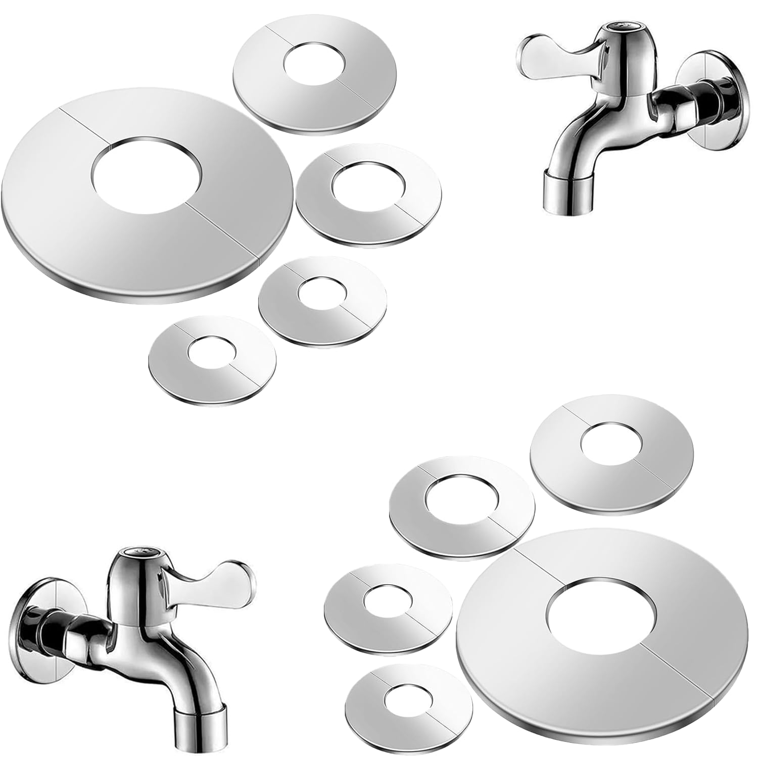 SIXHAOBU 10 Pcs Tap Cover Collar, Radiator Pipe Covers Chrome, 22mm/26mm/34mm/42mm/51mm Stainless Steel Rosette, Decorative Faucet Trim, Easy Installation for Kitchen, Bathroom, Shower, Radiator