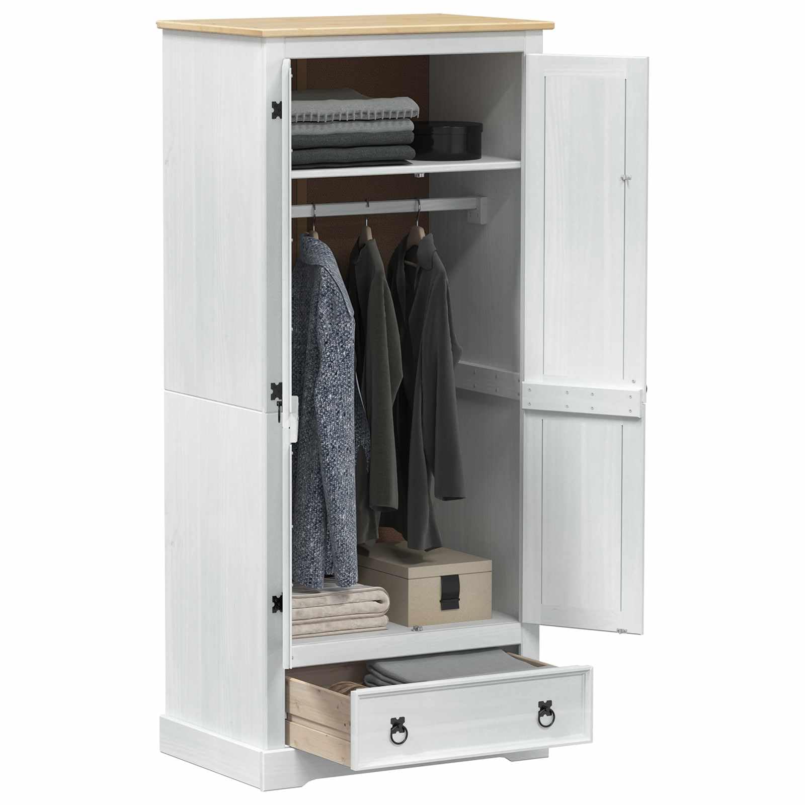 Armadio bianco in legno di pino massiccio 76 x 50 x 170 cm con cassetto, scaffale, 2 ante, spazio per camera da letto, corridoio e cameretta dei bambini, robusto e salvaspazio