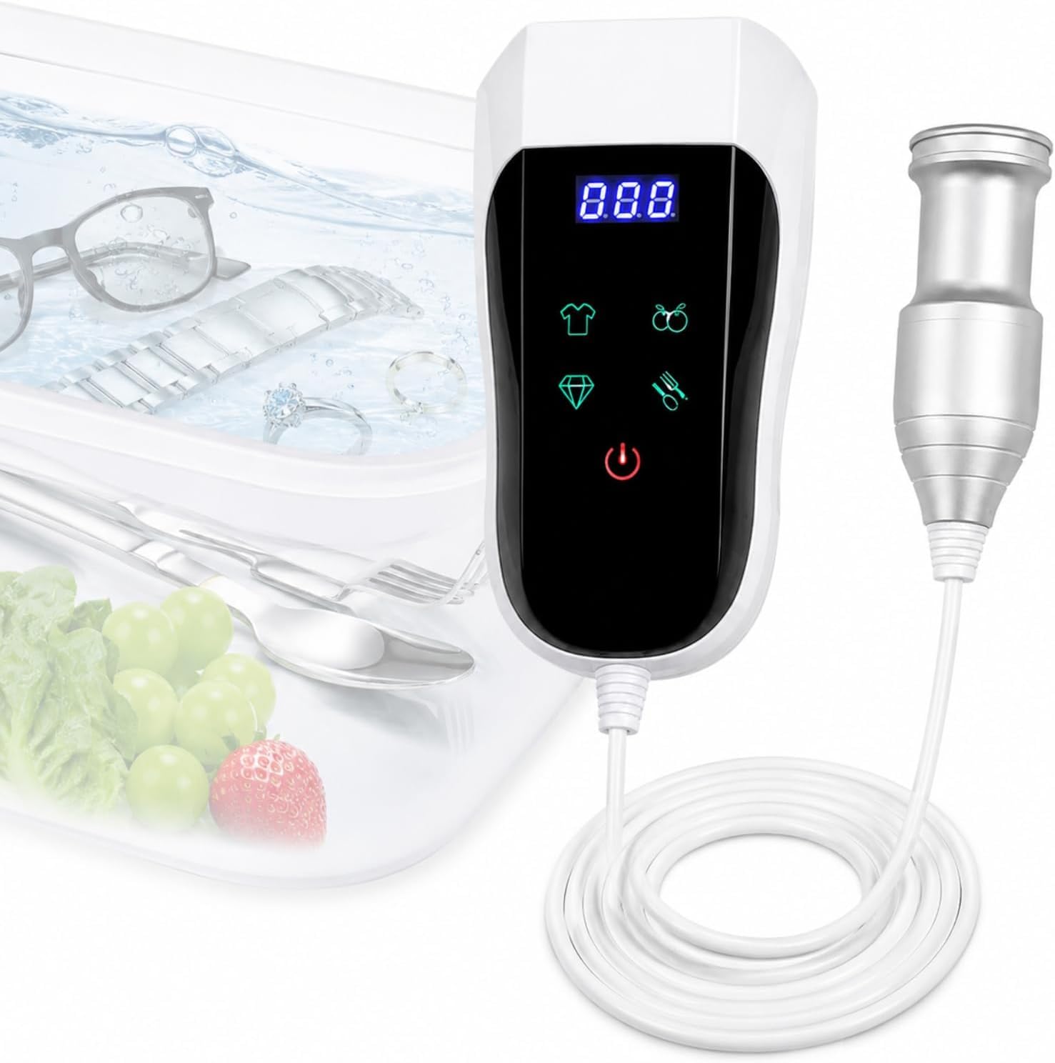 Mini limpiador ultrasónico sumergible, limpiador ultrasónico doméstico de 60 kHz, con 4 modos temporizados y pantalla digital, para vasos y frutas.
