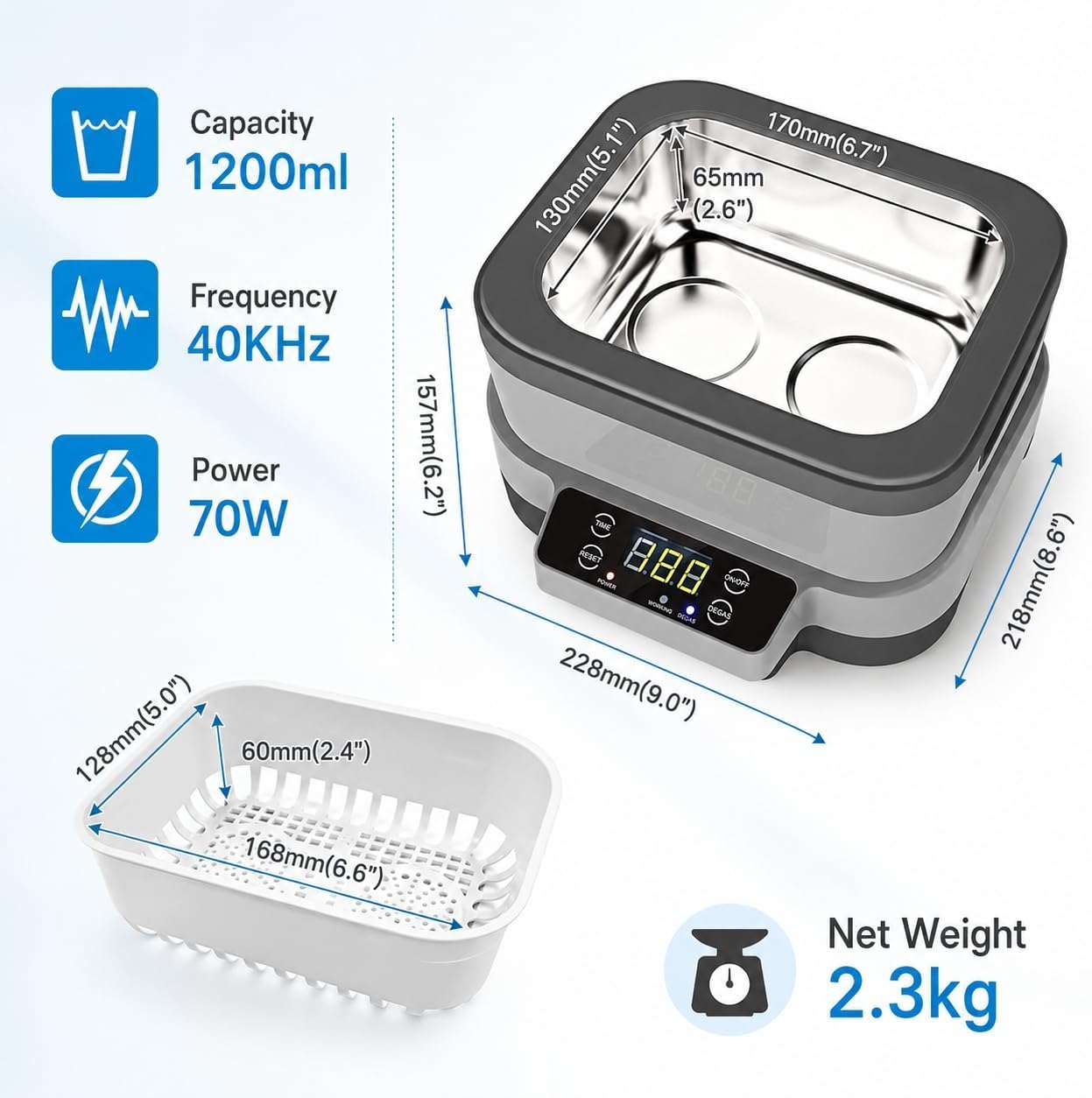 Limpiador ultrasónico de 1,2 l para joyería, 40 kHz, profesional para gafas y relojes, controles táctiles sencillos.
