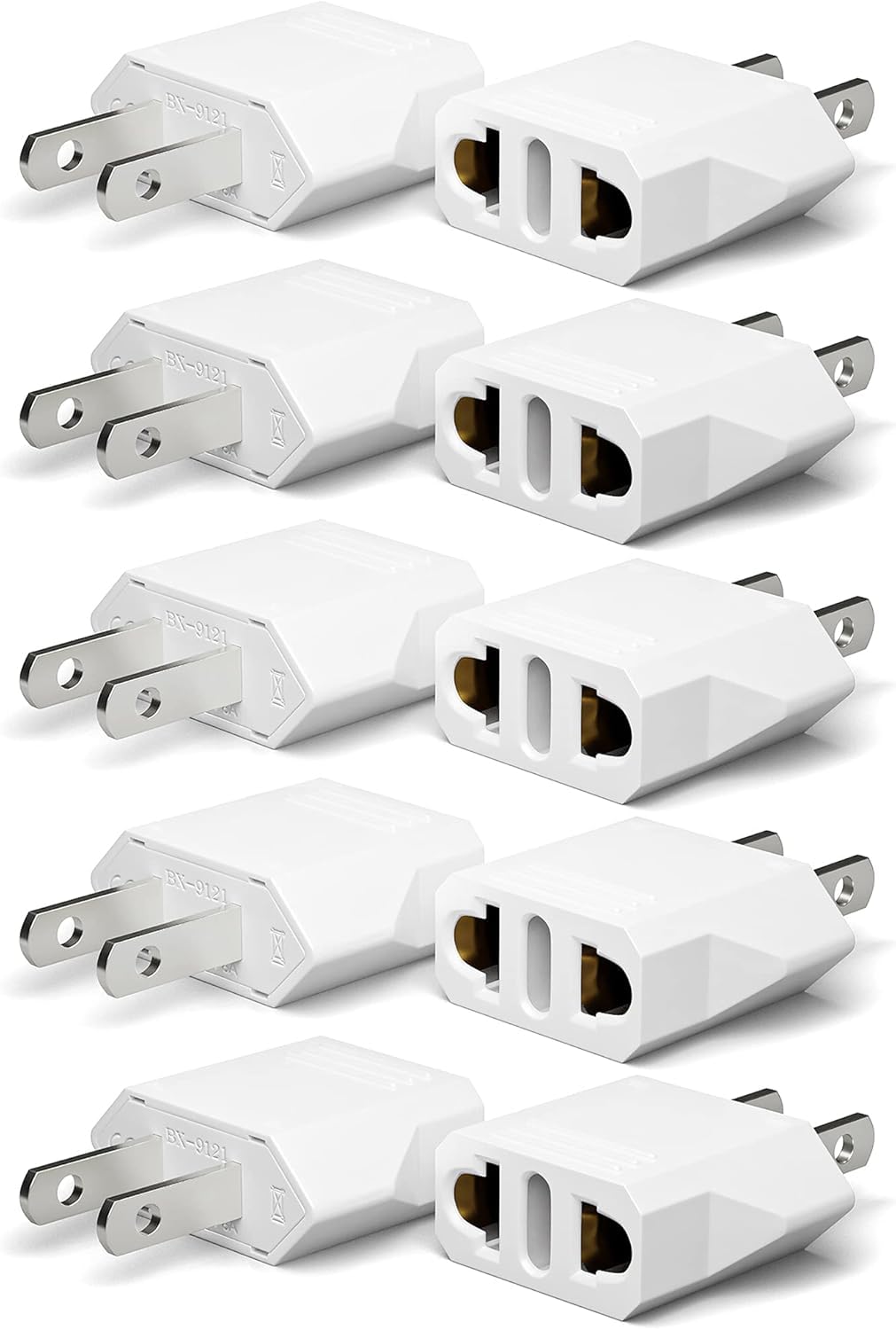 Unidapt 10-Pack EU Europe to US Plug Adapter, Type A Outlet, European to American, Canada, Mexico Wall Plug Adapters, White