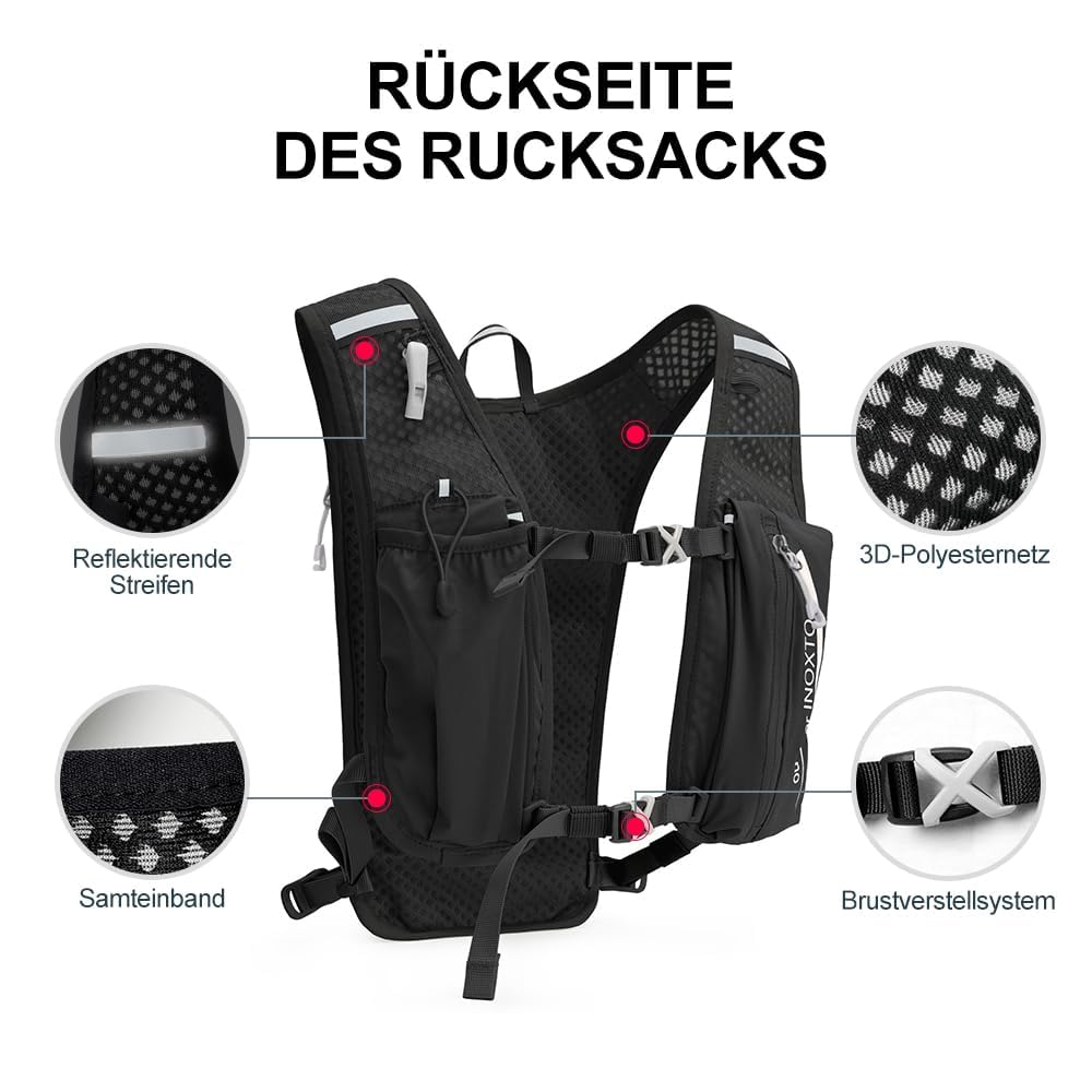 INOXTO Zaino da Corsa 5L - Leggero Zaino Idratazione con Strisce Riflettenti,Rete Traspirante per Outdoor, Maratona, Ciclismo, Alpinismo, Uomoe Donna