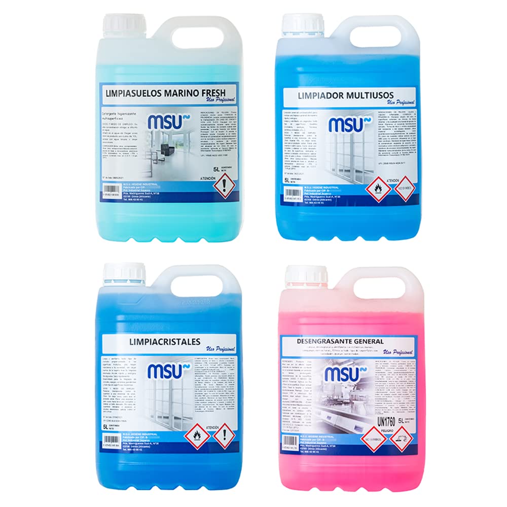 MSU - Set de Limpieza Profesional 4 en 1 | Fregasuelos Marino Fresh 5L | Limpiador Multiusos Eficaz 5L | Limpiacristales Resistentes 5L | Desengrasante General Potente 5L