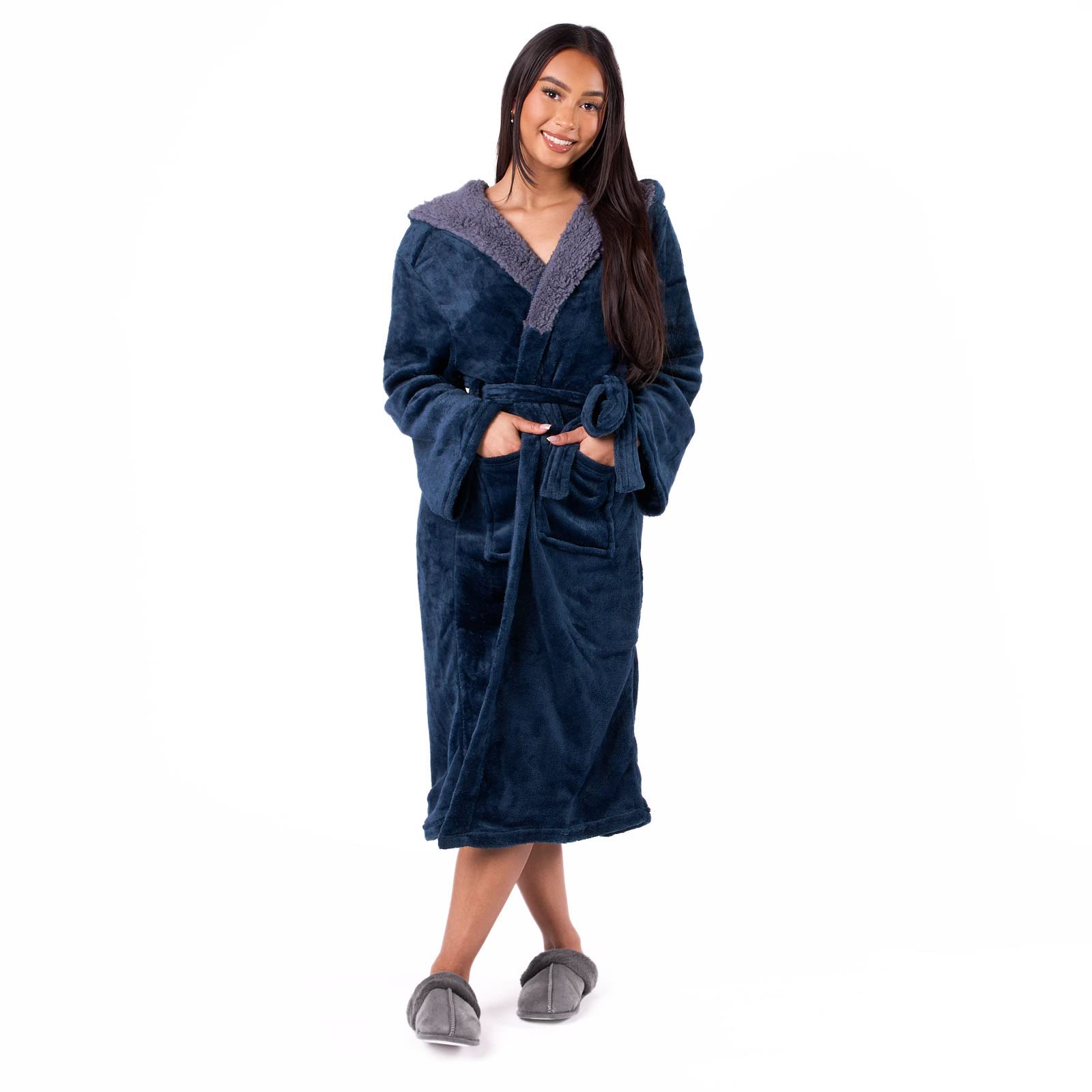 Sienna Flannel Fleece Hooded Dressing Gown Sherpa Bathrobe One Size - Blue
