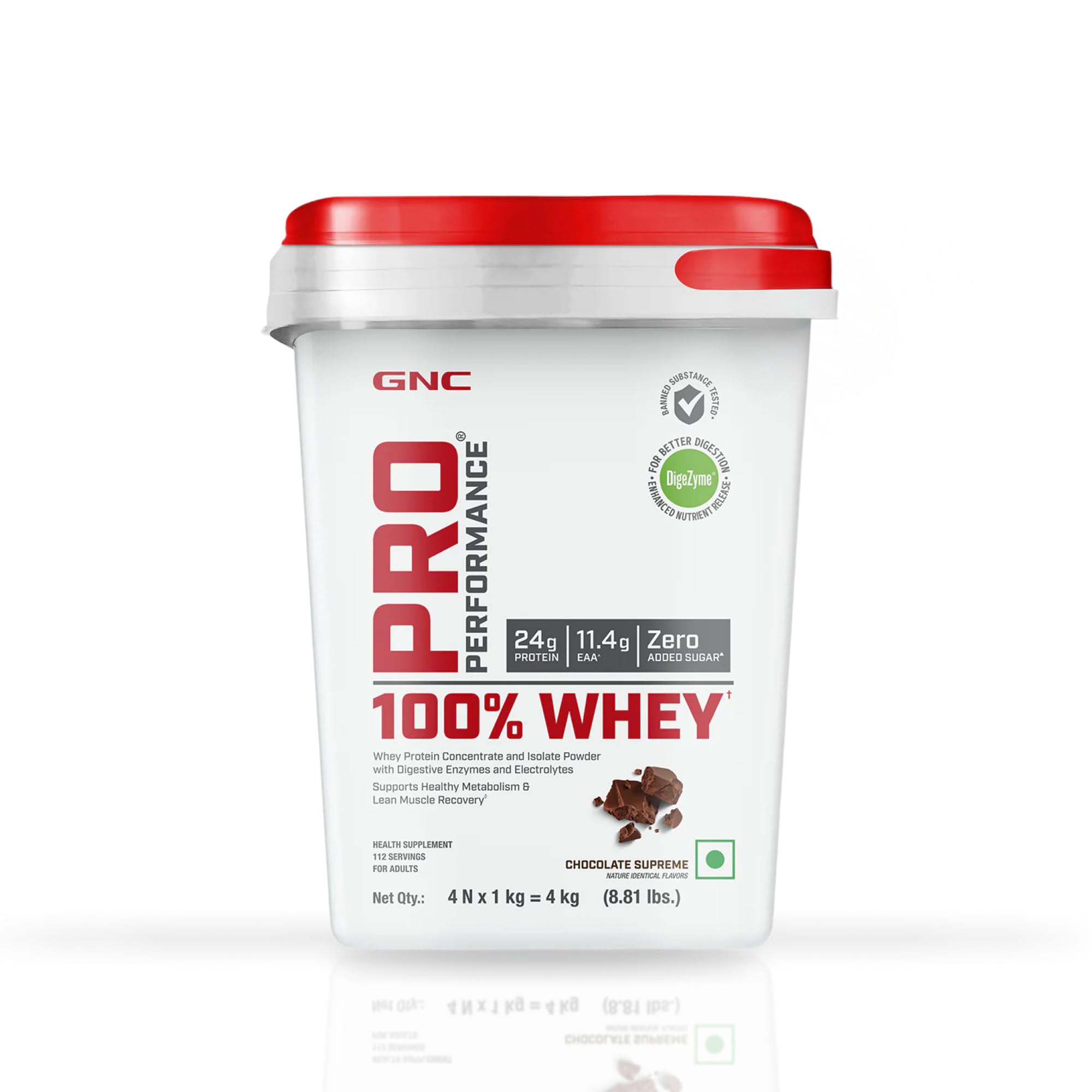 GNC Pro Performance 100% Whey Protein Powder | 8.8 Lbs : 4 KG (1 KG X 4 Pouches) + Bucket | 24g Protein Chocolate Supreme | 5.5g BCAA | Boosts Strength & Endurance | Builds Lean Muscles | Fastens Muscle Recovery | Formulated In USA