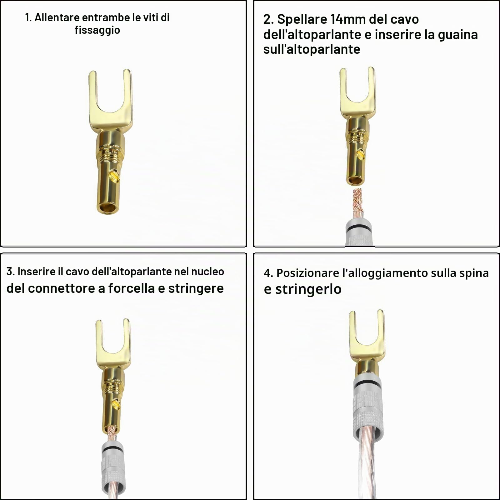 Connettore a forcella Y per altoparlante 24K placcato oro Spinotto 45 gradi per cavo microfono