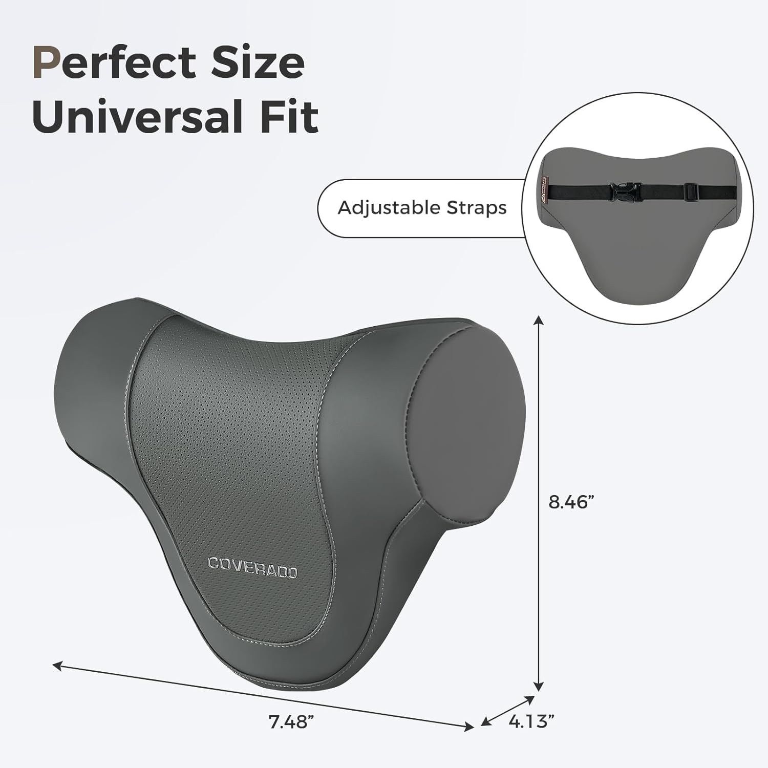 Coverado Car Headrest Pillow, Ergonomic Memory Foam Car Neck Pillow for Driving Seat with Adjustable Strap, Soft PU Leather Breathable Removable Cover Neck Support for Neck Pain Relief - Gray - Image 7
