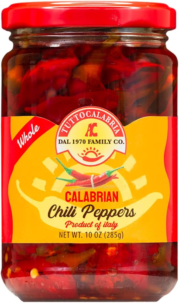 TUTTOCALABRIA Peppers, Whole Natural, Non-GMO, Original, Italy Product, Retail Glass Jar, 10.2 Oz,