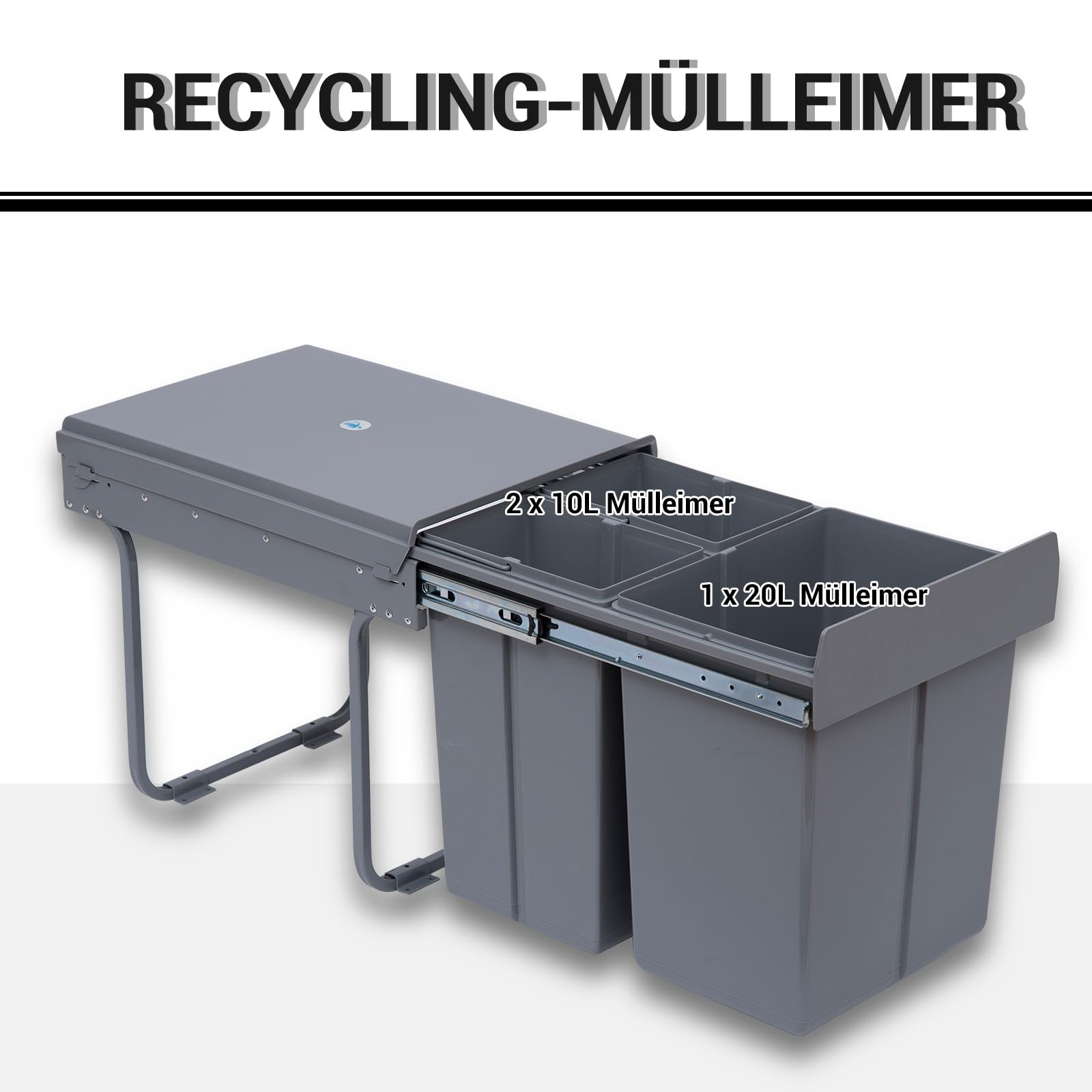 HOMCOM Abfallsammler 20 L+20 L+10 L Ausziehbar für Schränke mit Griff Grau | Einbaumülleimer, Unterschrank Abfalleimer, Mülleimer für Schränke, 3 Herausnehmbare Fächer, Mattierter Deckel