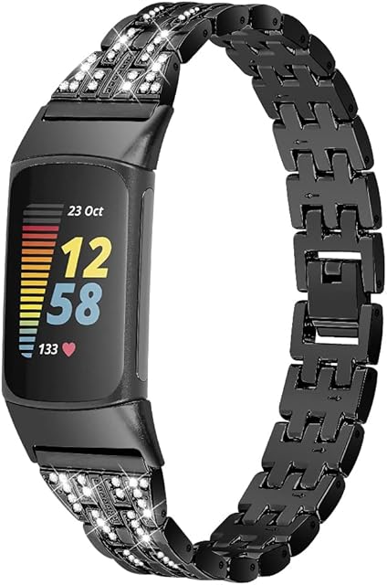 Gimuk Compatible with Fitbit Charge 5 Strap Stainless Steel Metal Bling Rhinestone Sport Replacement Wrist Strap Wristband Bracelet for Fitbit Charge 5 Silver Rose Gold Black