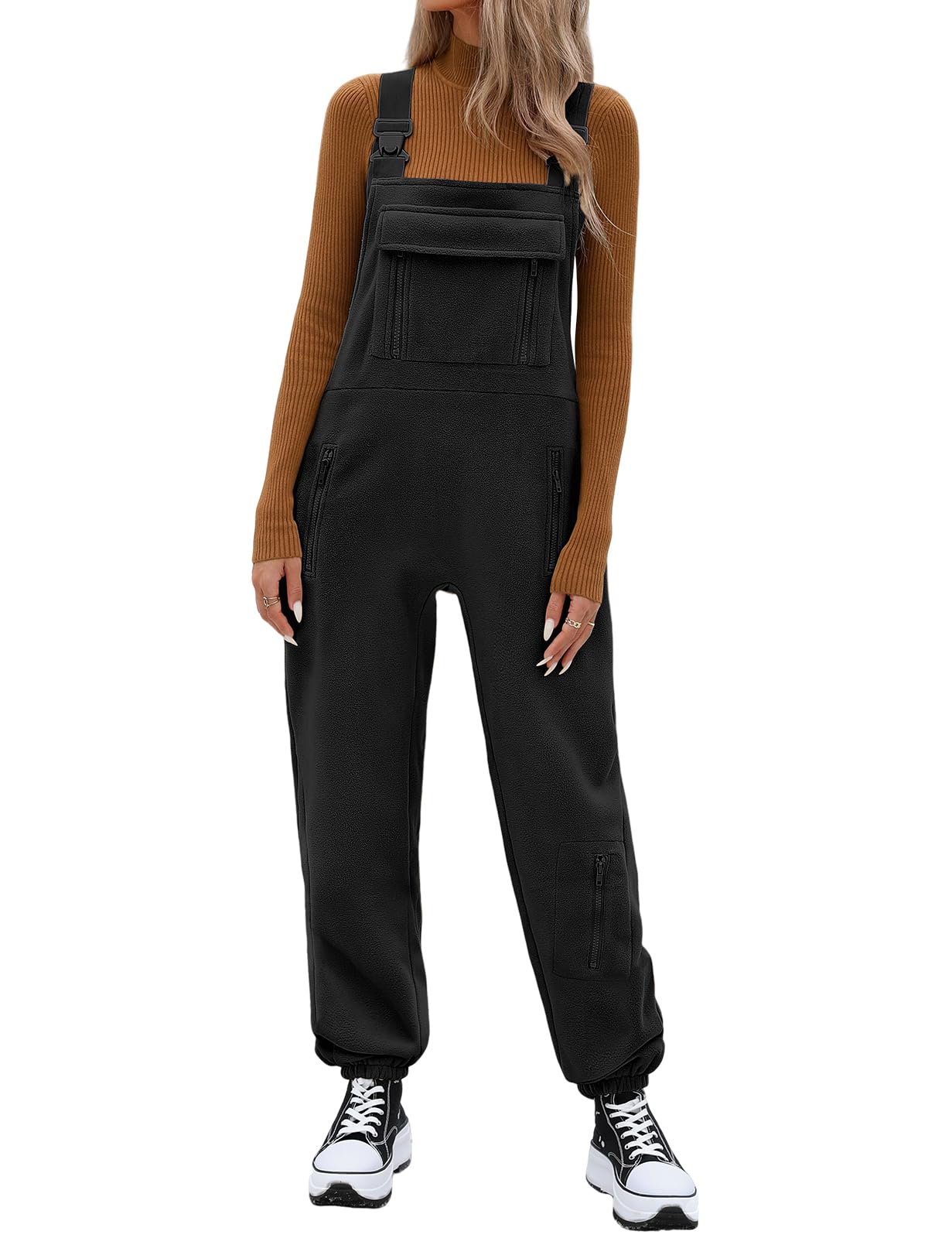 CMTOP Damesoveralls winter fleece tuinbroek mouwloze jumpsuits lange playsuit casual fit broek herfst baggy broek verstelbare elastische bandjes met zakken, Zwart, XXL
