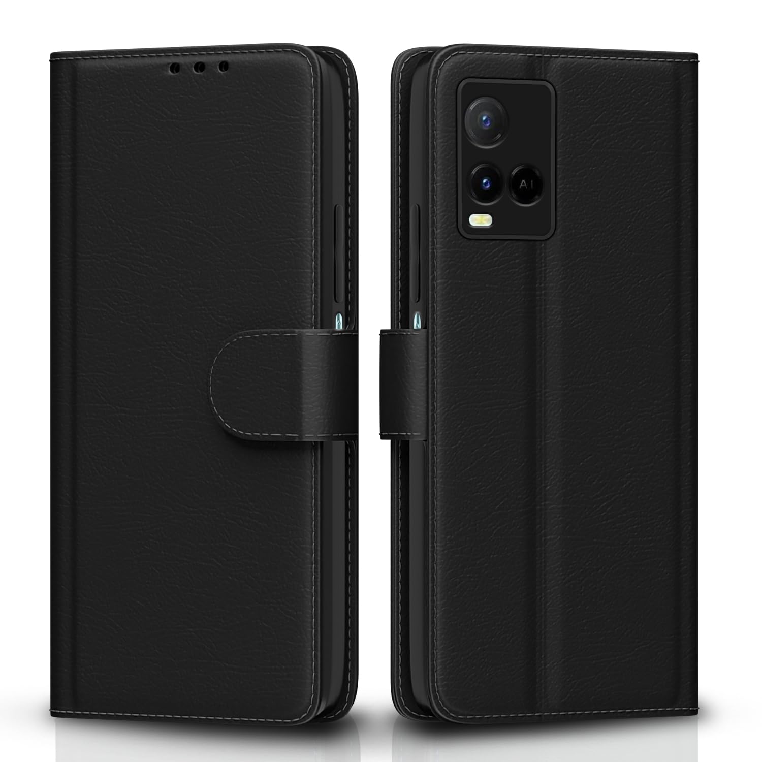 Pikkme Flip Cover for Vivo Y21 2021 / Y33s| Leather Finish | Shockproof with Card Pockets & Wallet Stand | Ultimate Protection Case(Black)