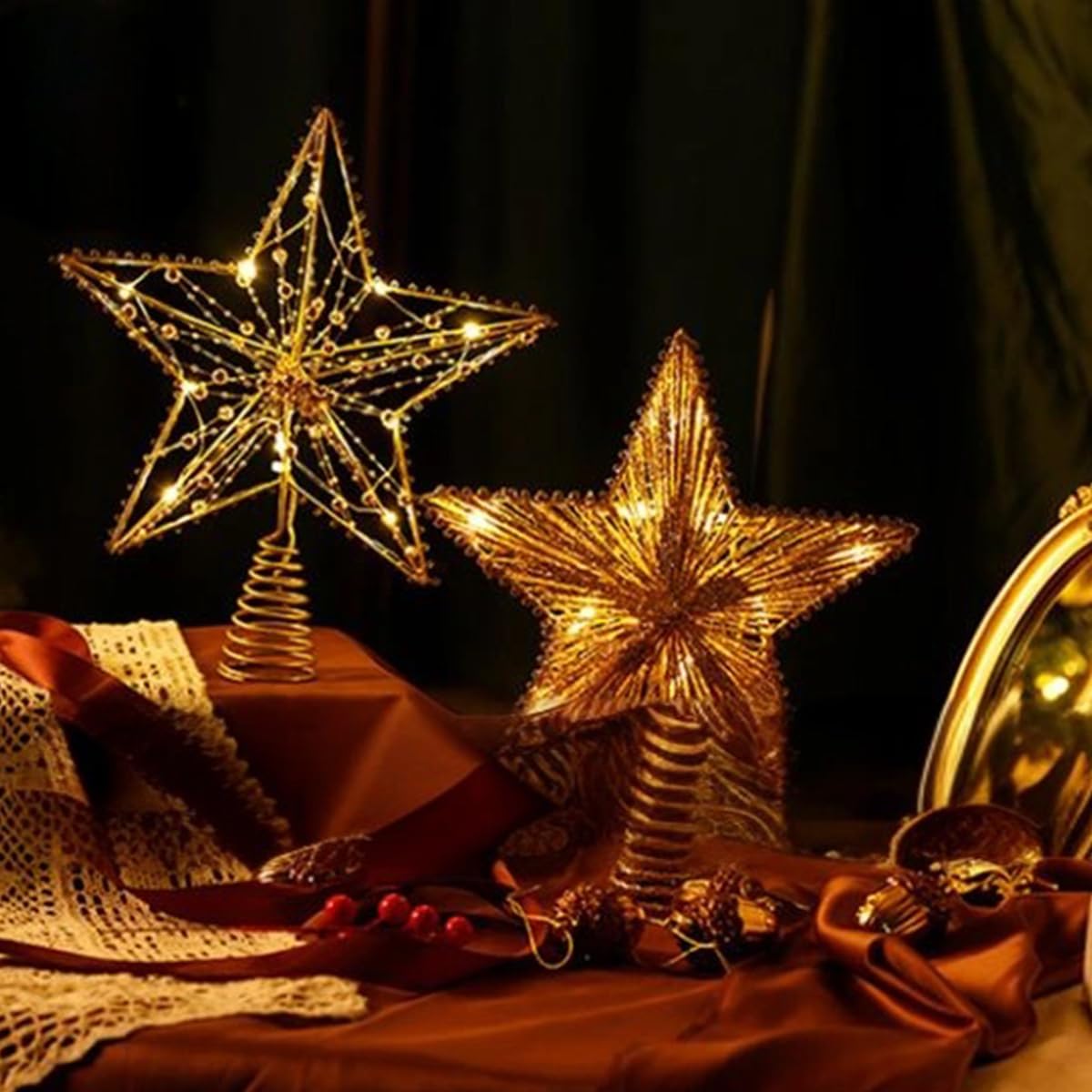 Décoration de Sommet d'arbre, Étoile de Sapin de Noël Cimier d'arbre Pré-Éclairé en Rotin Naturel avec Étoile pour La Décoration de La Maison de Vacances de Noël, du Nouvel an,B