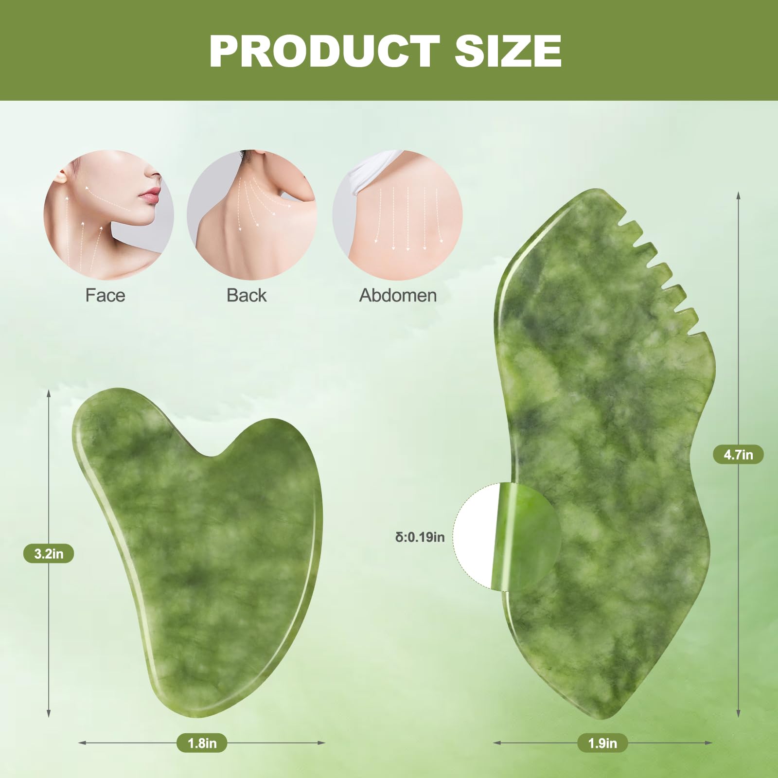 AIROGYM Set di 2 strumenti per il viso Gua Sha, in pietra di giada, pettine per il viso, strumenti per la cura della pelle, corpo e viso, gua sha, per rassodare il drenaggio linfatico della pelle