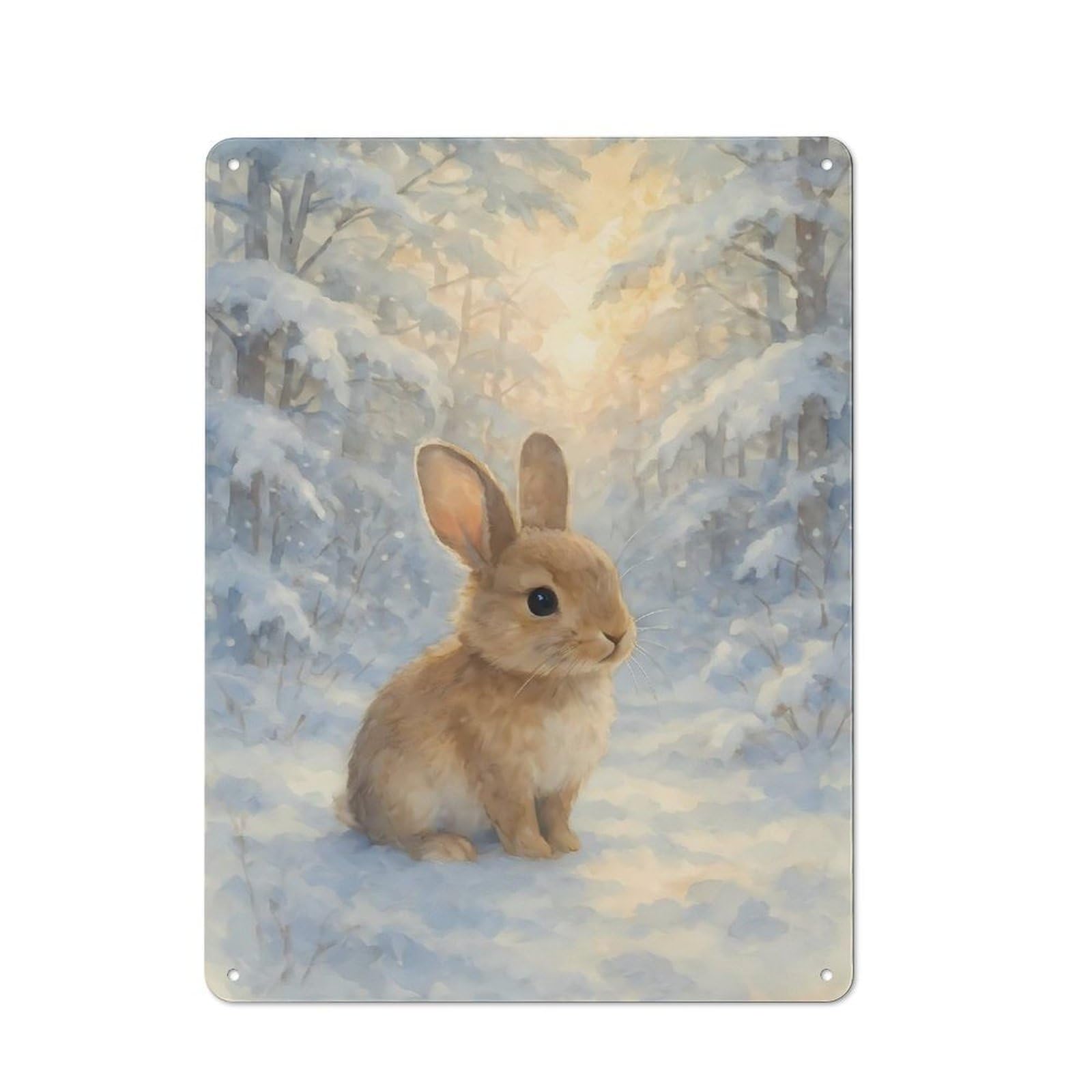 Watercolor Rabbit in Winter Forest Vintage Metal Wall Decor 40x30cm, Garage Metal Sign for Workshop, Basement, Shed Or Games Room